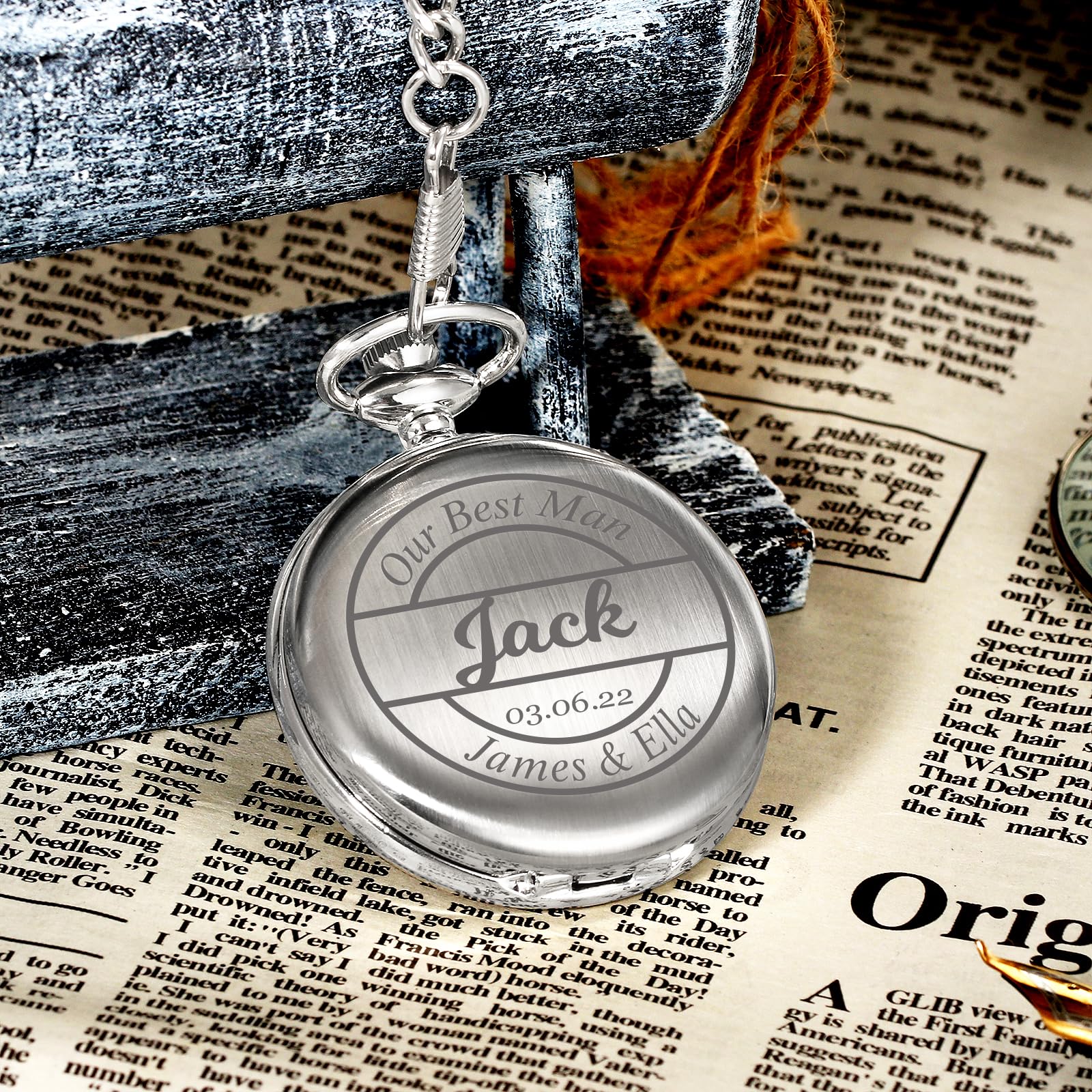 TREEWETO Reloj de bolsillo grabado personalizado con cadena de grabado para hombre, regalo para mejor hombre, relojes de bolsillo de cuarzo, regalos para novios para boda