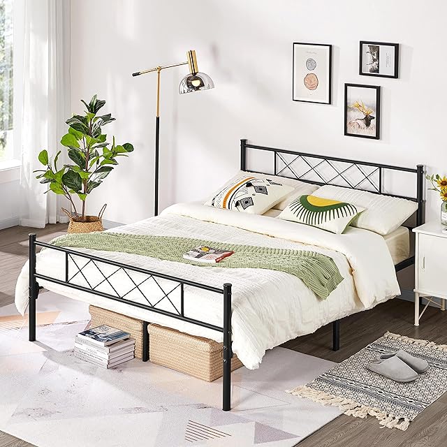 Yaheetch 4ft6 Double Bed, Metal Platform Bed Frame Solid Bedstead Base with Cross-design Headboard and Footboard , Underbed Storage Space, Slatted Bed Fits for Teenagers/Adults, Black