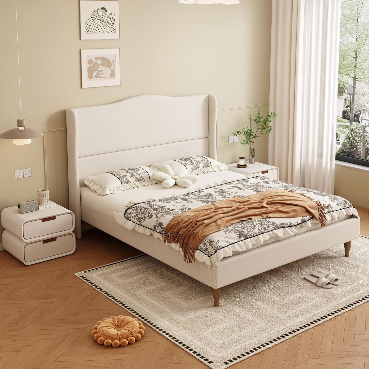 Queen Size Upholstered Platform Bed Frame | 50.6" Tall Wingback Headboard, Linen Fabric, Retro Wood Legs, No Box Spring Needed, Easy Assembly, Squeak Resistant, Beige