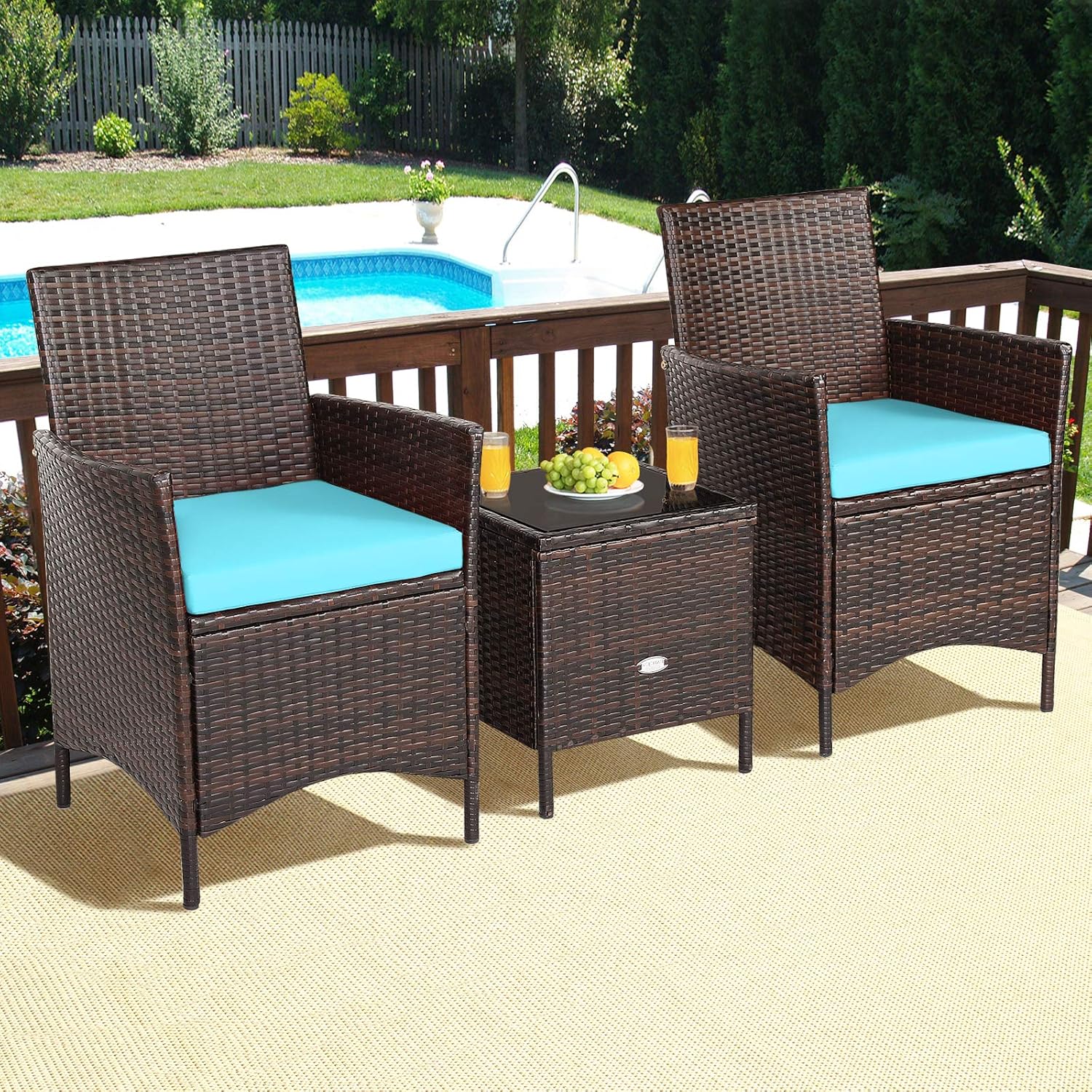 3 Pieces Patio Furniture Set, Wicker Outdoor Furniture with Water-Resistant Cushion & Tempered Glass Top Table, Conversation Set Bistro Set for Porch, Balcony, Backyard (Turquoise)