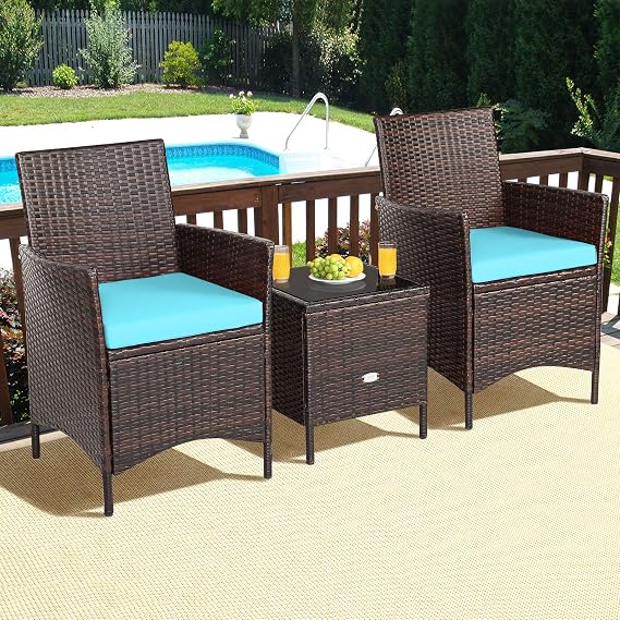 3 Pieces Patio Furniture Set, Wicker Outdoor Furniture with Water-Resistant Cushion & Tempered Glass Top Table, Conversation Set Bistro Set for Porch, Balcony, Backyard (Turquoise)