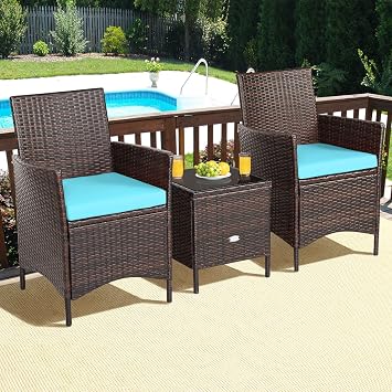 3 Pieces Patio Furniture Set, Wicker Outdoor Furniture with Water-Resistant Cushion & Tempered Glass Top Table, Conversation Set Bistro Set for Porch, Balcony, Backyard (Turquoise)