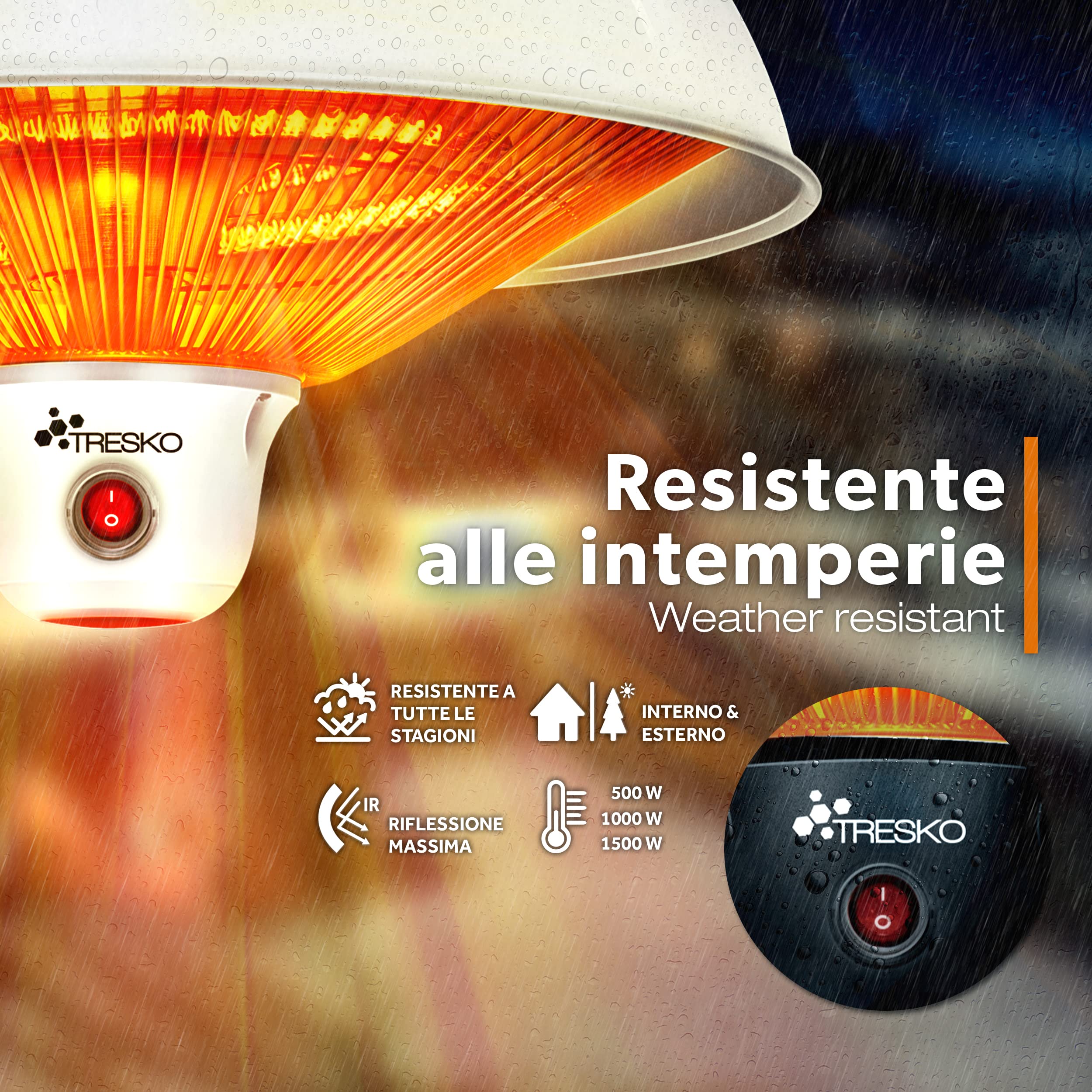 TRESKO Riscaldatore ad infrarossi per soffitto 1500W | Riscaldatore elettrico | Riscaldatore per patio per interni ed esterni | Stufa Elettrica Terrazza (Bianco)