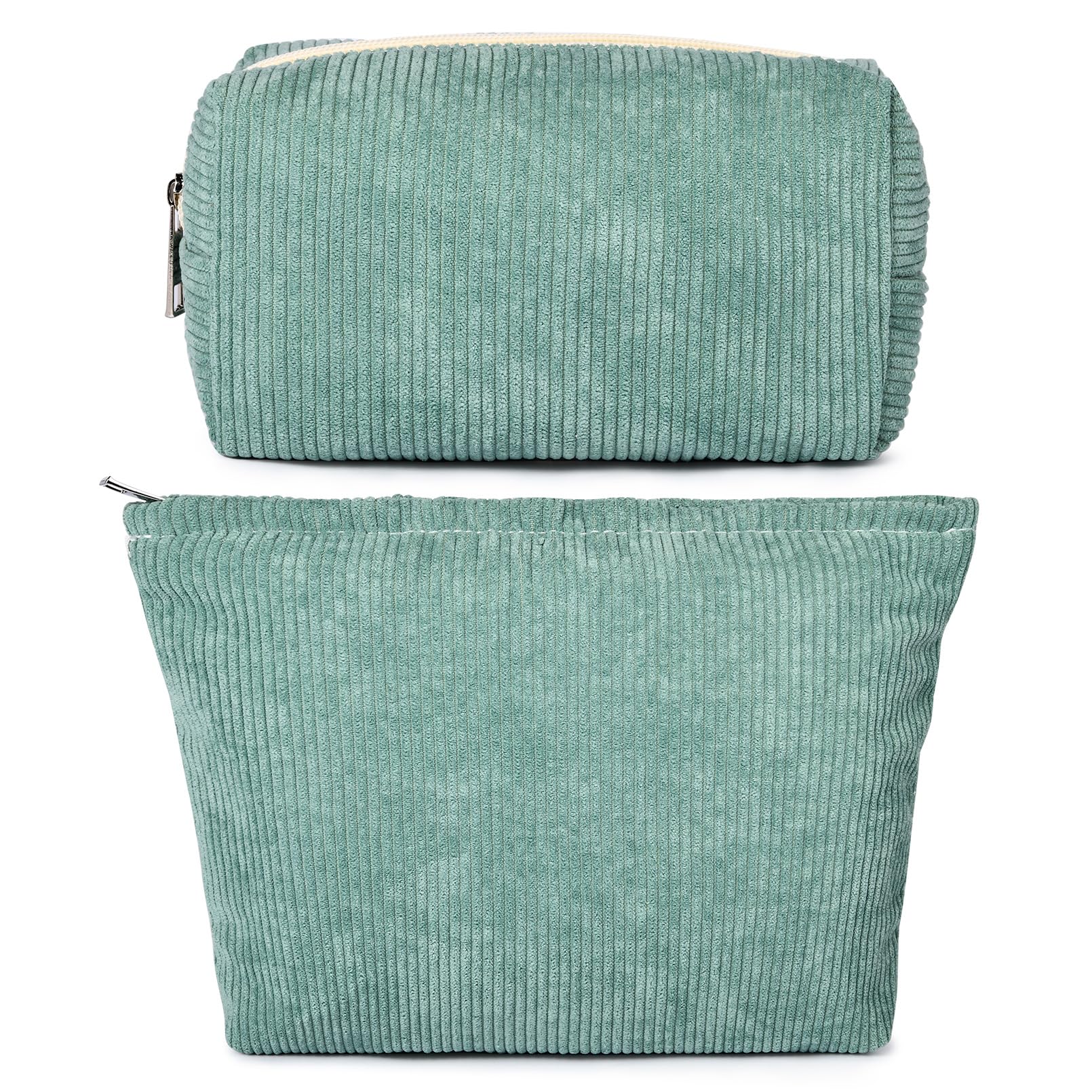 2 Pieces Makeup Bag Large Corduroy Cosmetic Bag Capacity Canvas Mix Travel Toiletry Bag Organizer Cute Makeup Brushes Aesthetic Accessories Storage Bag for Women, Corduroy Mix Green