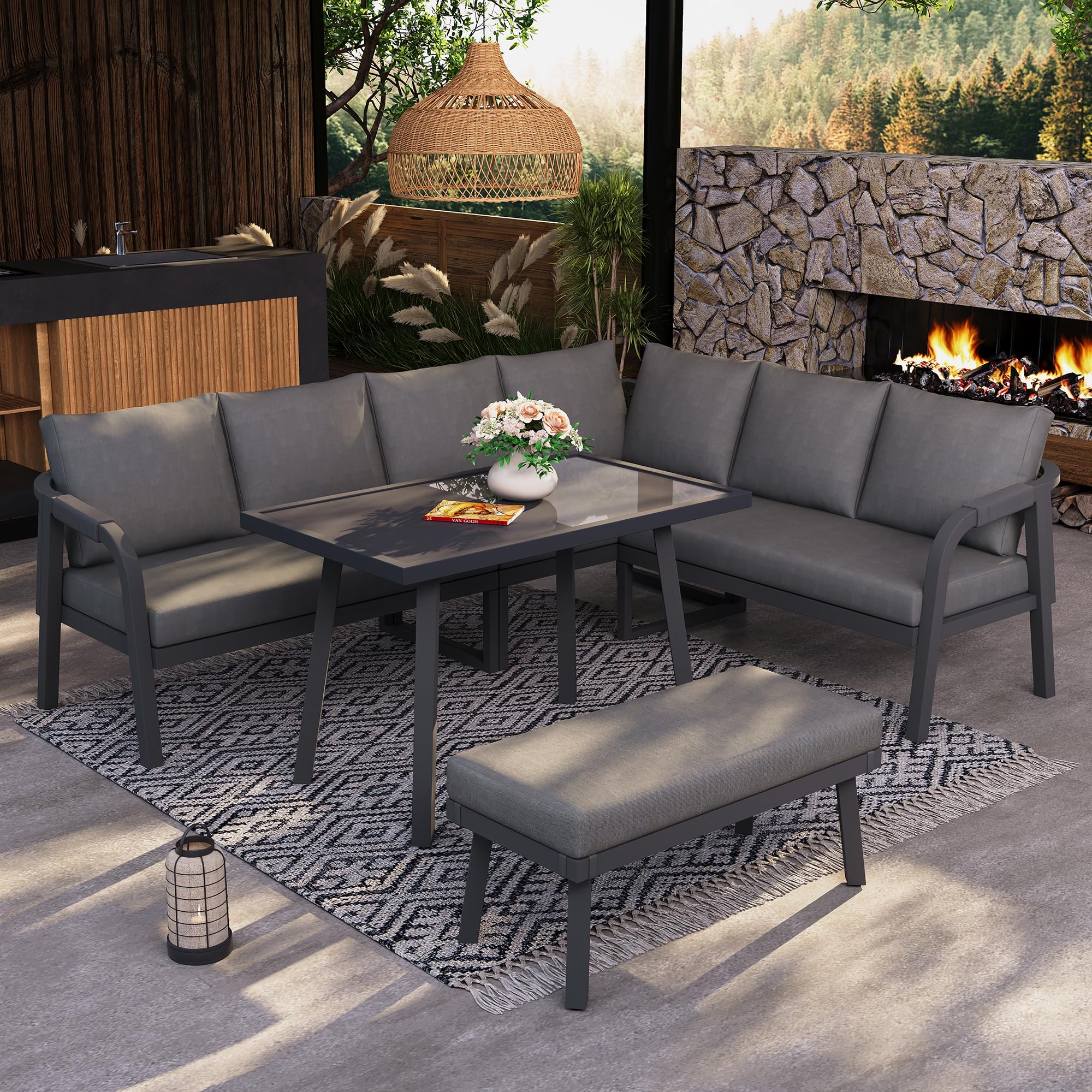 Zestaw mebli ogrodowych, zestaw mebli balkonowych, sofa narożna, zestaw do jadalni ze stołem i ławką dla 8 osób, odporne na warunki atmosferyczne, zestaw mebli outdoorowych z podłokietnikami z