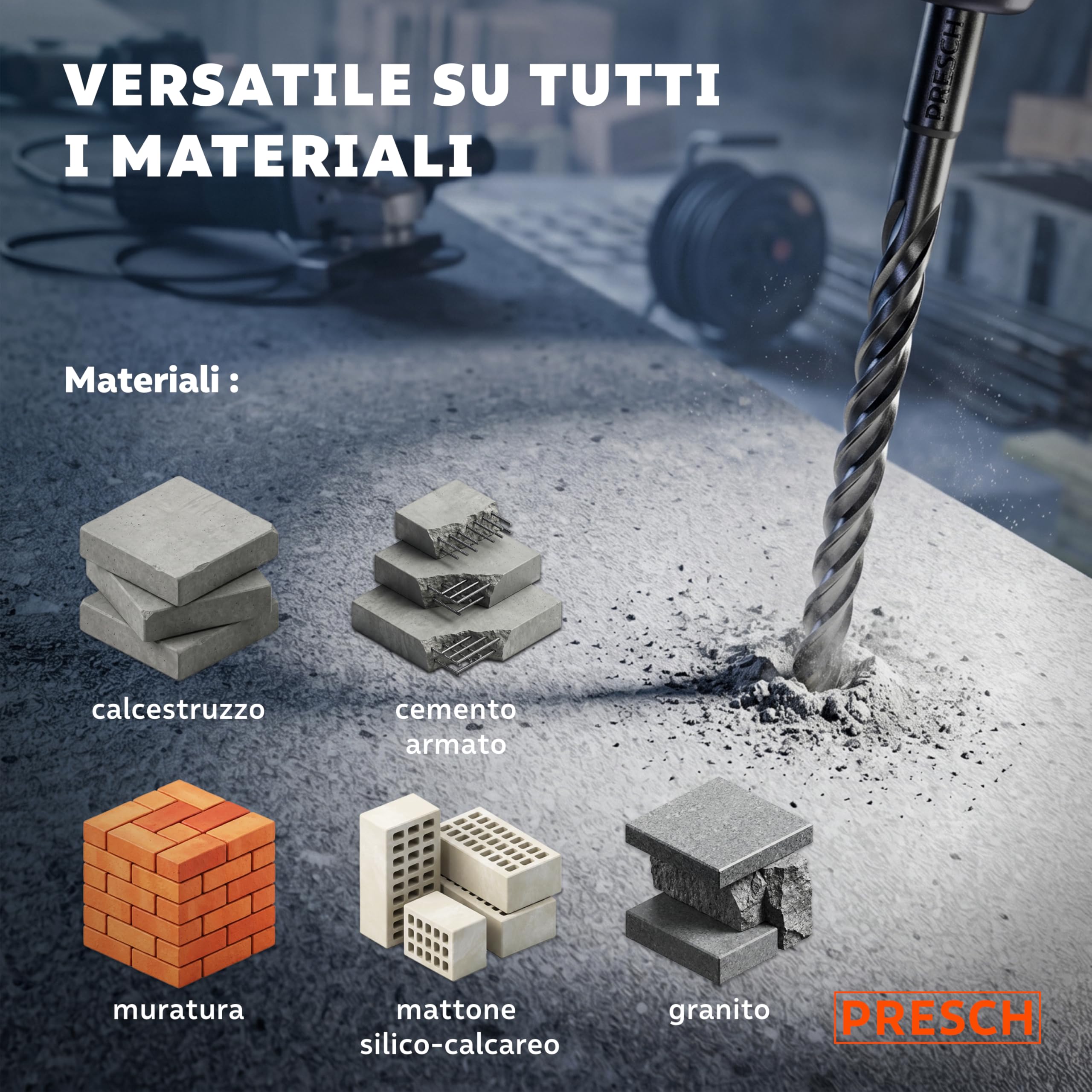 PRESCH Punte SDS plus 8mm (10 pz.) – Punta trapano muro con 4 taglienti carburo – Indicatore Lunghezza Tassello – Set Punte da trapano robusta per cemento, calcestruzzo, granito, mattone e muratura