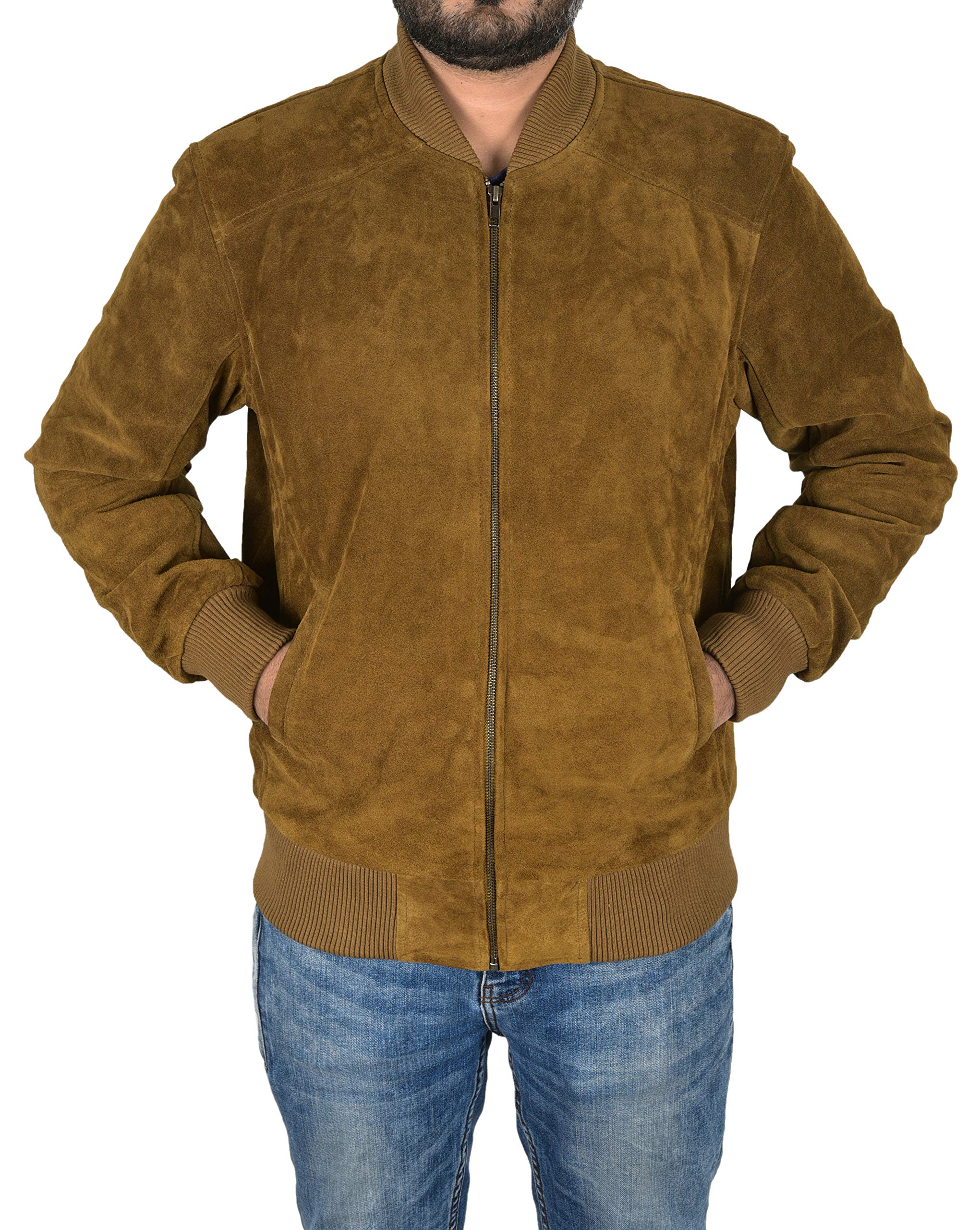 Men's Bomber Leather Jacket Khaki Suede Classic 70s Fashion Aviator Jacket 275-P