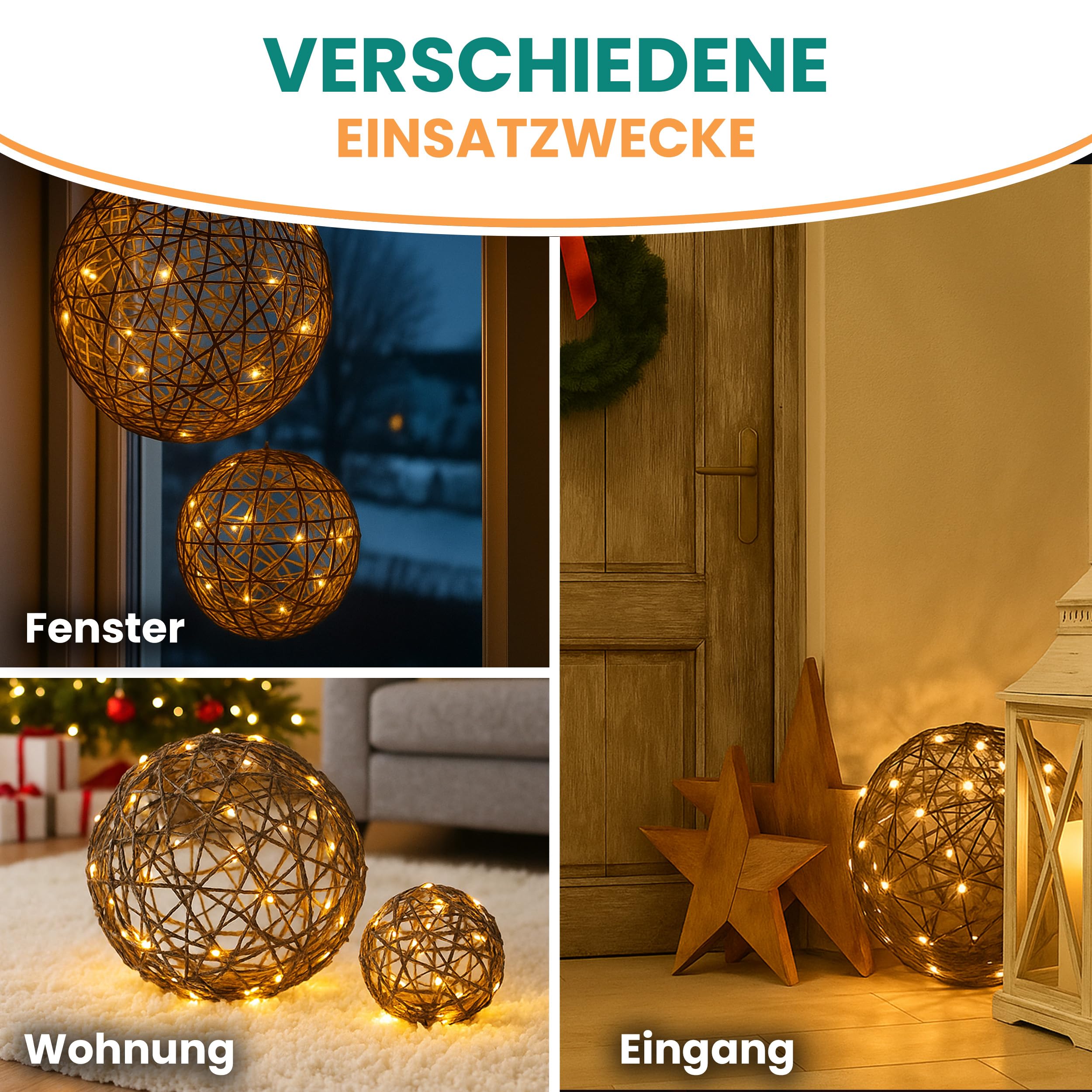 Gartenpirat Deko-Kugel Rattan Optik 70 LED warmweiß Ø 40 cm Kupferdraht-Lichterkette Batterie Timer