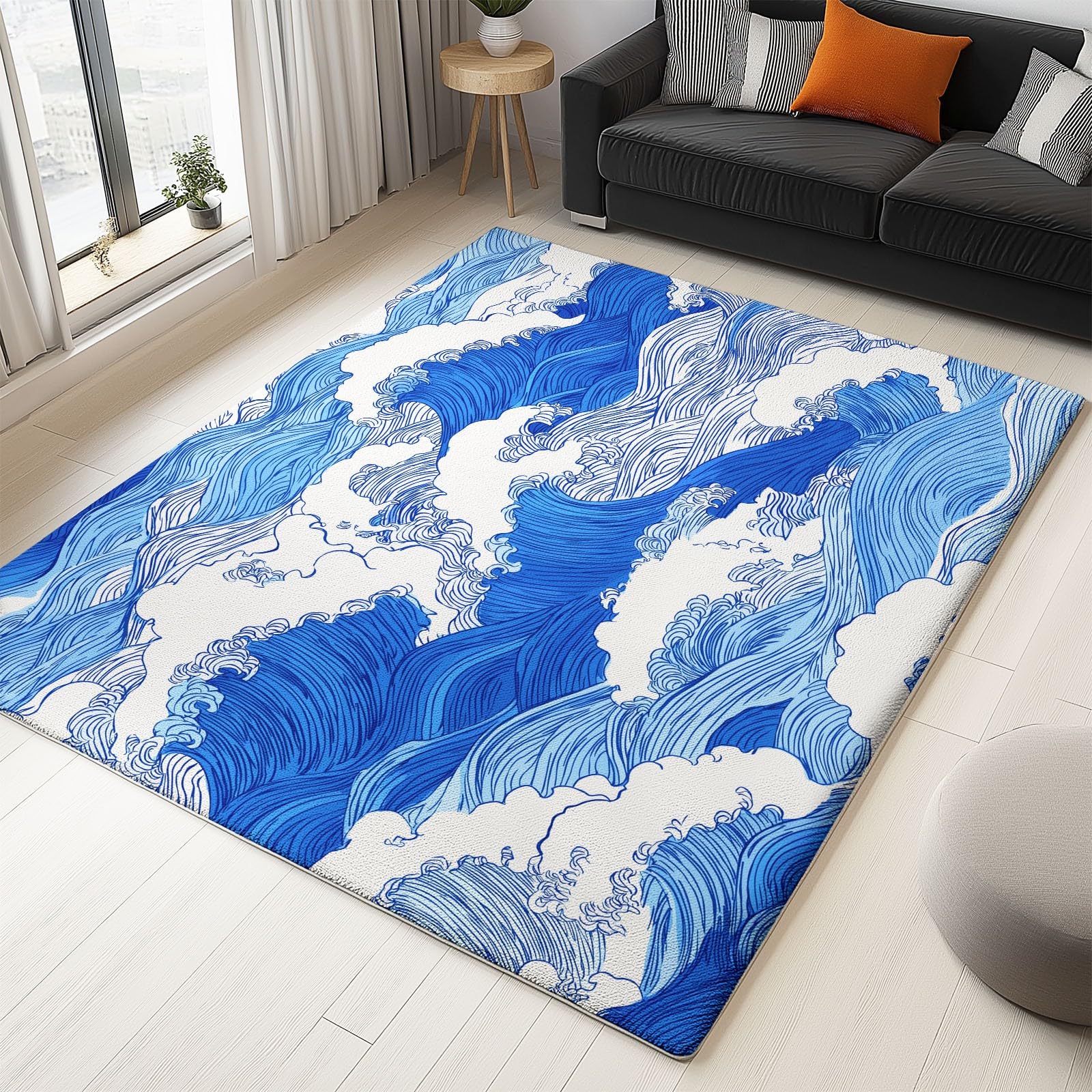 Generico Dywan można prać w pralce do salonu Dywany 160 x 230 cm Hokusai Fale linie Sztuka, puszyste antypoślizgowe miękkie niskie runo, do przedpokoju sypialni i kuchni niebieski