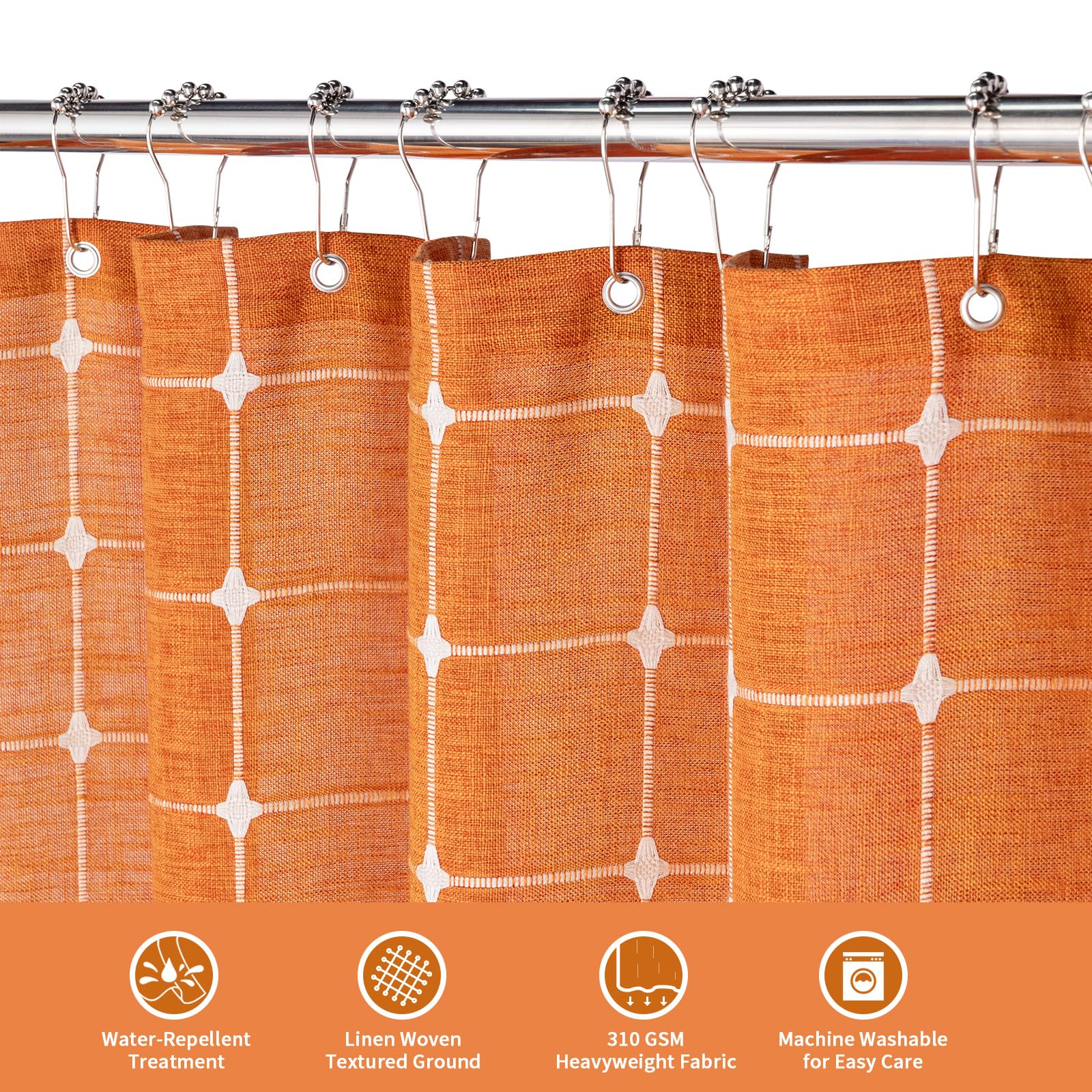 MitoVilla Cortina de ducha, 183 x 198 cm, set de cortina de ducha naranja de algodón y lino con borlas, set para decoración de baño rústico chic estilo francés campestre romántico
