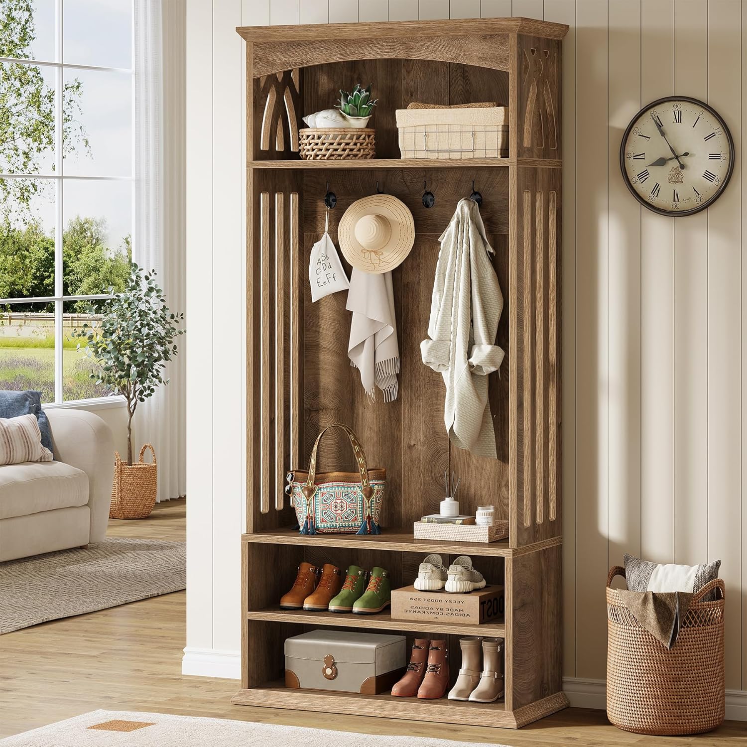 Tribesigns Hall Tree with Bench and Shoe Storage, 71" Entryway Bench with Coat Rack, 4-in-1 Entryway Hall Tree with 5 Hooks, 2-Tier Storage Shelf and Top Shelf for Hallway, Living Room, Bedroom, Brown