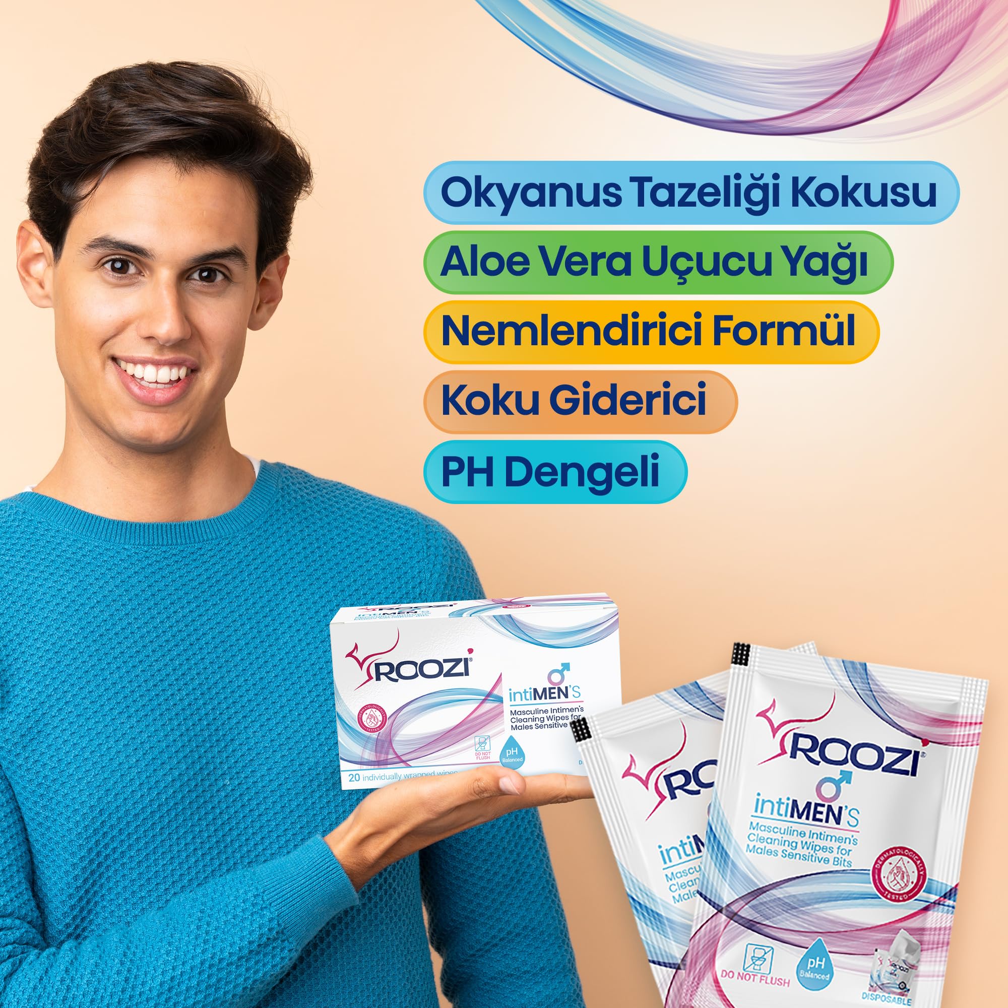 Roozi intiMEN’S – Erkekler İçin Özel Bölge Temizlik Mendilleri, Aloe Vera Konforu, Koku Giderici, Nemlendirici & Nem Desteği Sağlayan, pH Dengeli – 20’li Ayrı Paketlenmiş Mendil