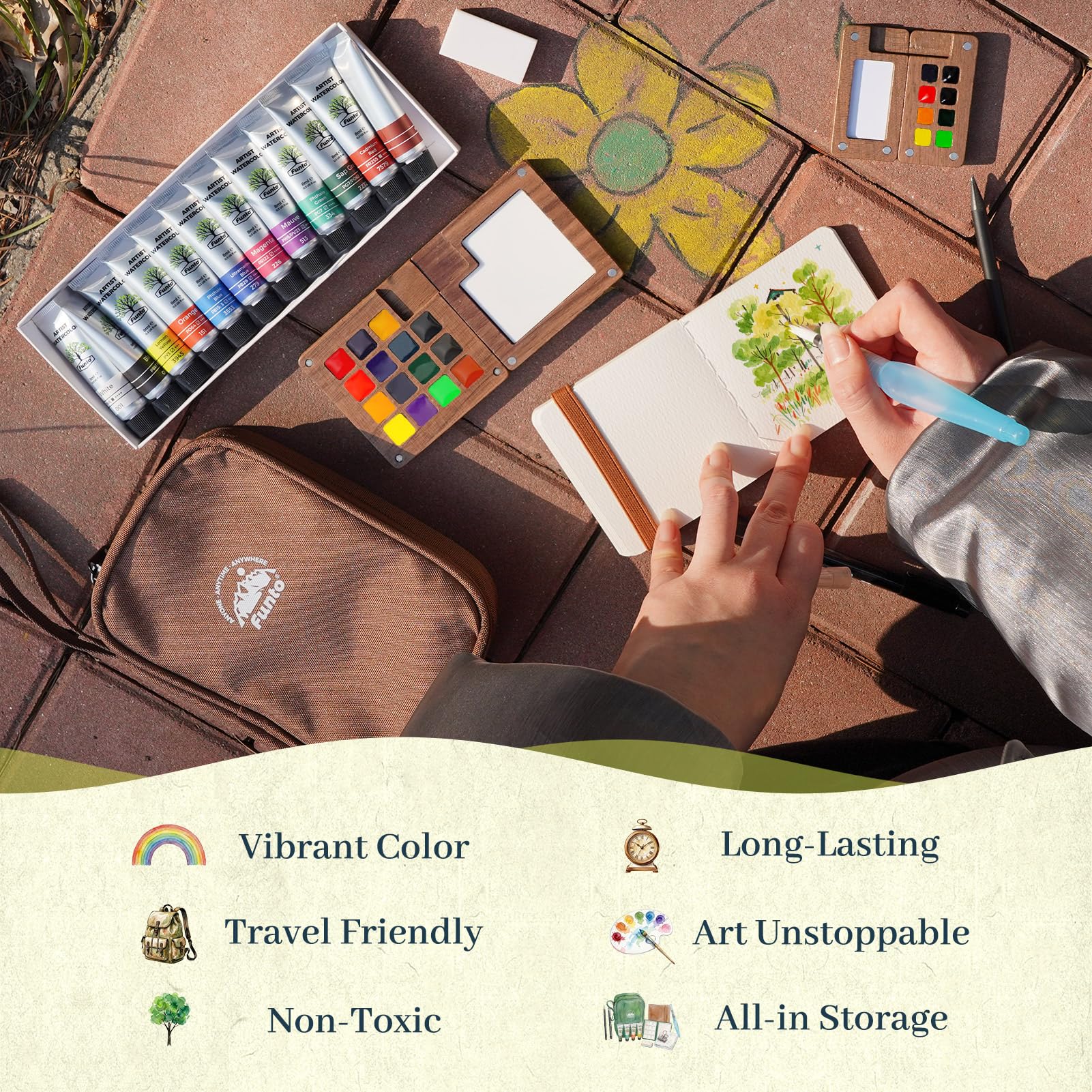 Funto Mini Aquarell Reise-Set, 12-Farben Nachfüllbares Kunst-Reise-Set, All-in-One Mini-Malbedarf mit Tasche