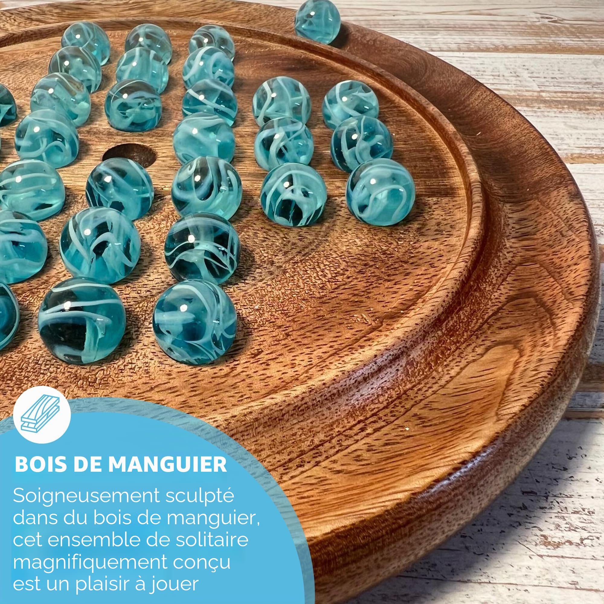 Solitaire - Jeu de société en bois de 22 cm de diamètre - À partir de 10 ans - Avec marbre bleu brillant en verre à oxygène - Jeu de solitaire classique en bois - Jeu de stratégie - Jeu de société
