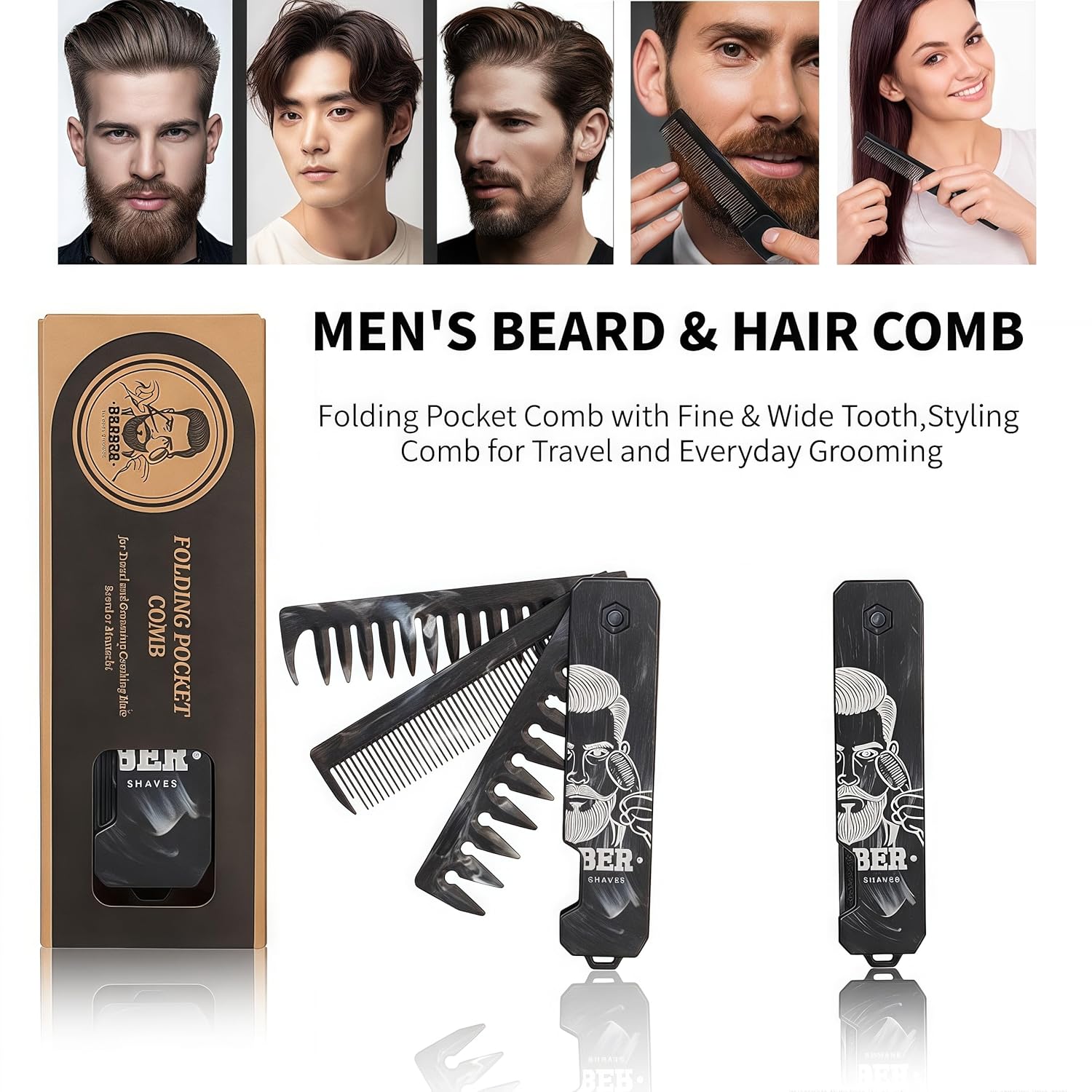 1PC 3 In 1 Folding Pocket Comb for Men, Fine & Wide Tooth for Travel and Everyday Grooming Combing Hair, Beard or Mustache Styling Comb for Slicked-back, Quiff, Pompadour, Fauxhawk, Undercut - Image 2