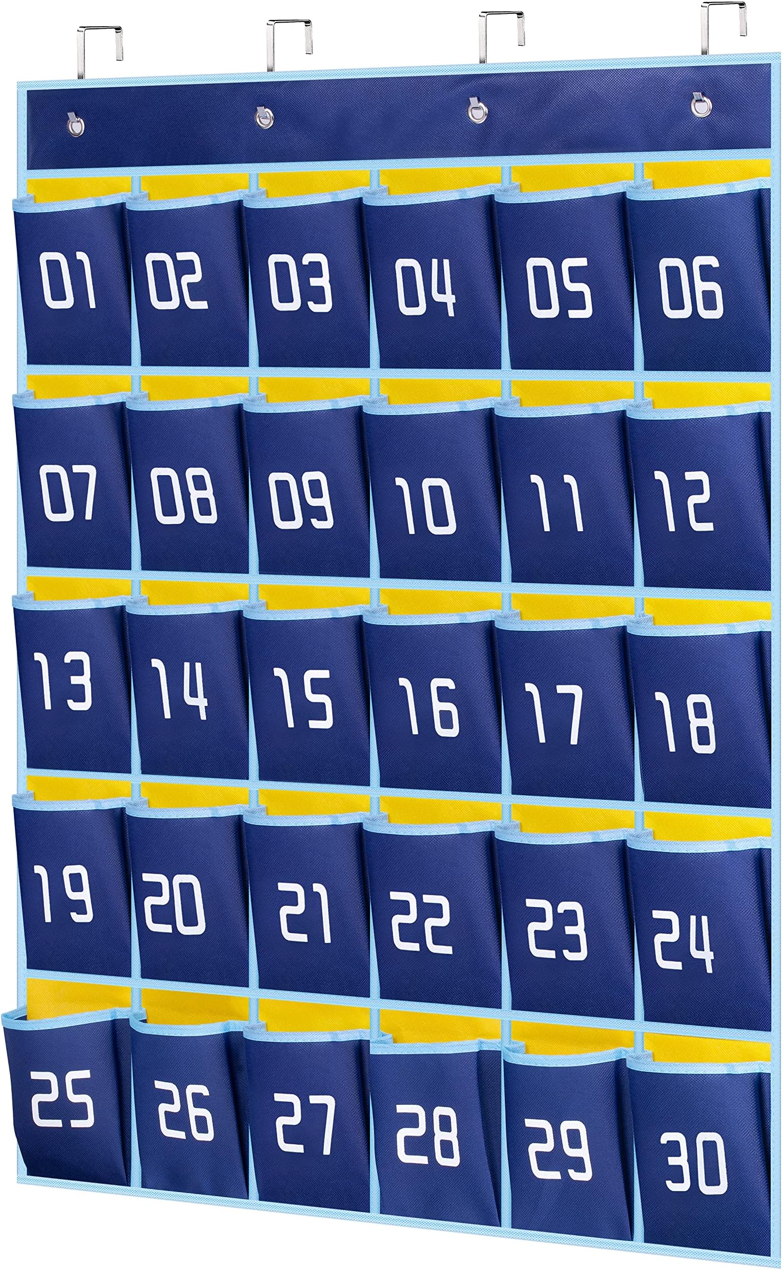 KIMBORA Numbered Pocket Chart Classroom Organizer for Cell Phones Calculator Holders (30 Pockets, Blue Pockets)
