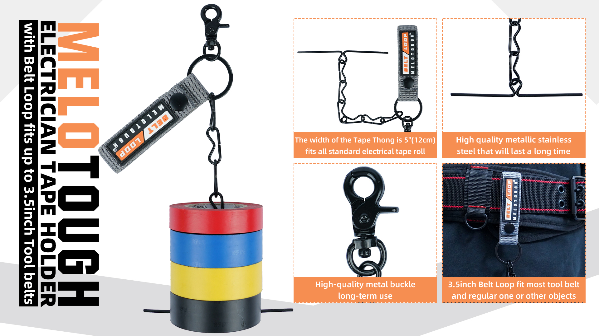 Image of MELOTOUGH Tape Thong for Tool Belt Waist Electrical Tape Strap Chain with Keyring and trigger snap hook for Belt (Grey Color, 2)