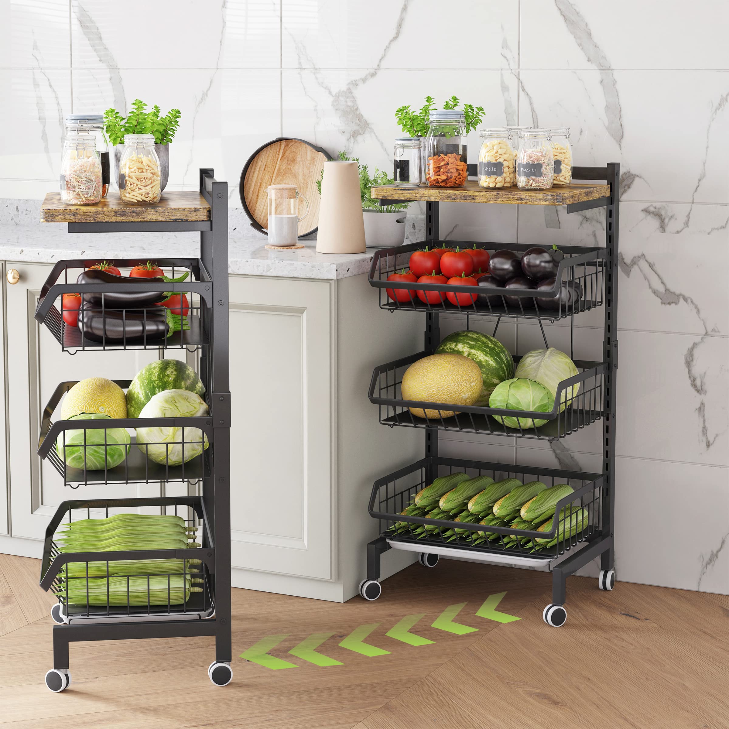 COVAODQ Gemüseregal für Küche,Stapelbarer Obstkorb Gemüse,Aufbewahrungswagen KüchenWagen Mit Abschließbare Rollen Und Holzplatte, Für Badezimmer,Küche,Büro, Handtücher (Planke)