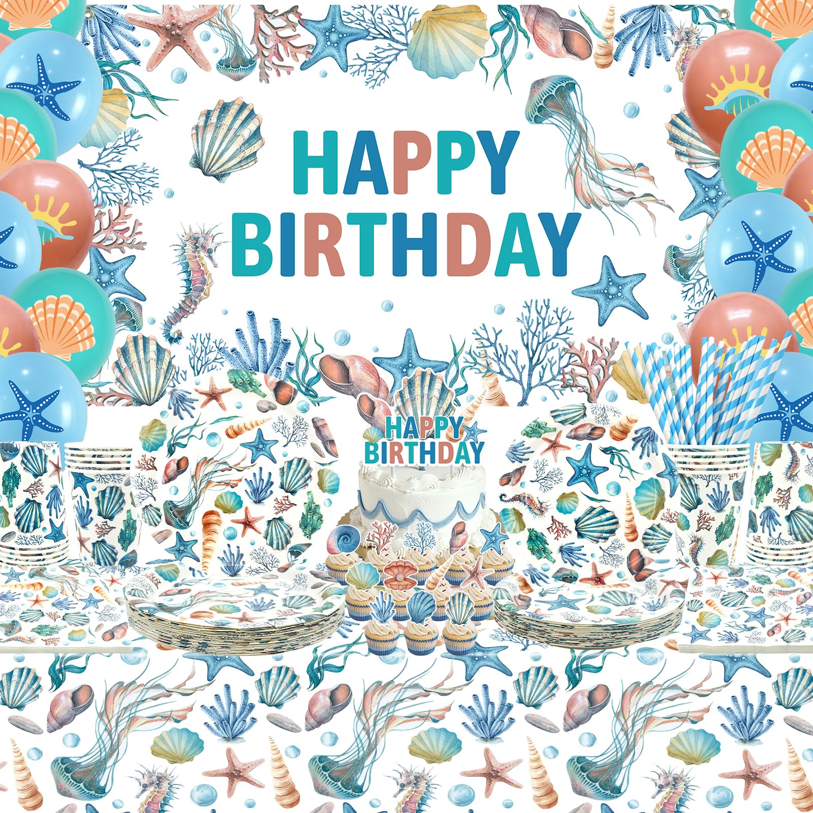 Decorazioni di compleanno a conchiglia – accessori per feste tra cui striscioni, piatti, decorazioni per torte, bicchieri, tovaglioli, palloncini, tovaglioli, tovaglioli, tovaglia – per 20