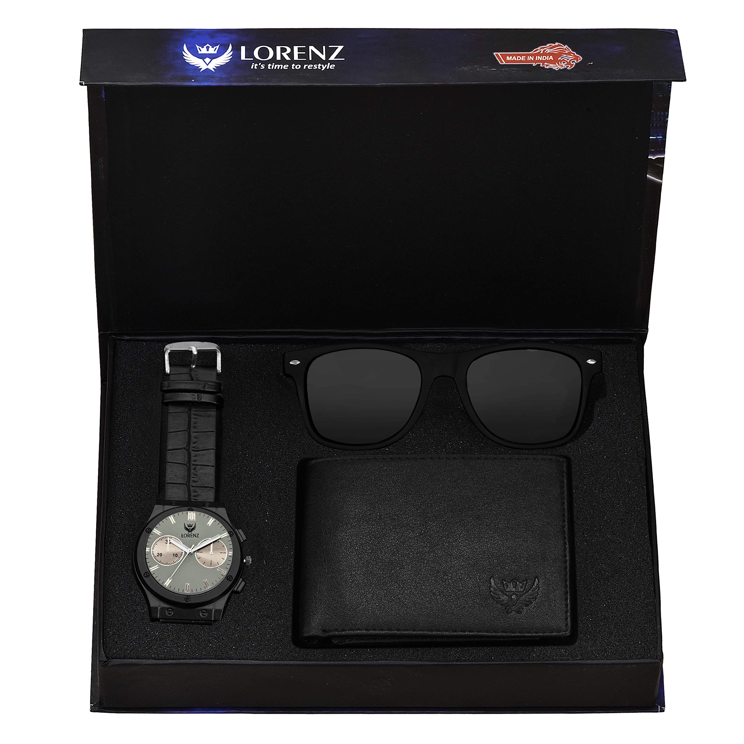 LORENZ Gift Box Combo of Mens Black Watch, Black Wallet & Black Wayfarer Sunglasses | CM-3033SN1-WL-33 (B08DG3Y8F9) Amazon Price History, Amazon Price Tracker