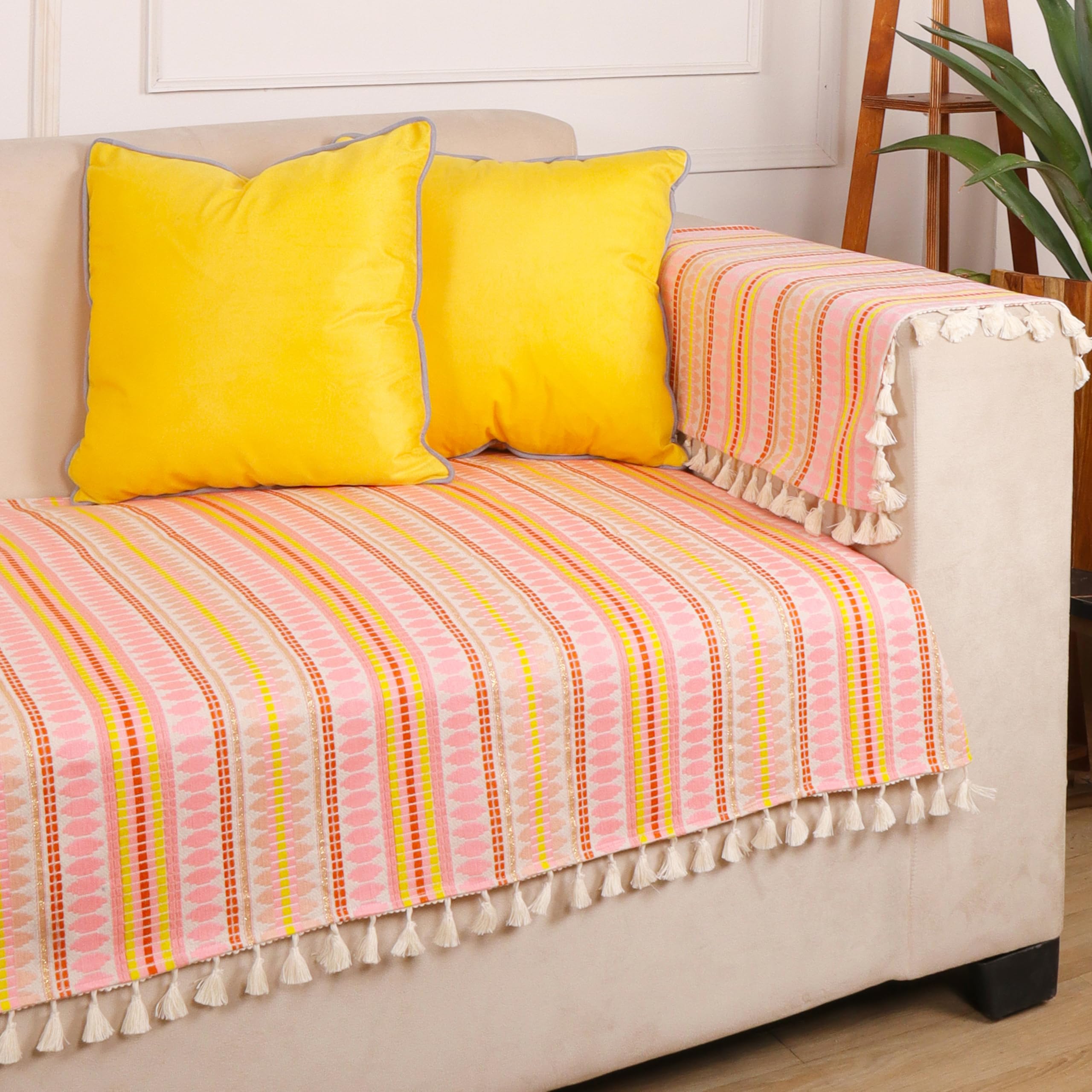 STITCHNEST Woven 1 Seater Sofa Protector with 2 Hand Rest Covers – Pink & White Stripe Design – Washable Fabric with Tassels – Stylish Sofa Cover for Modern Living Room & Furniture Décor
