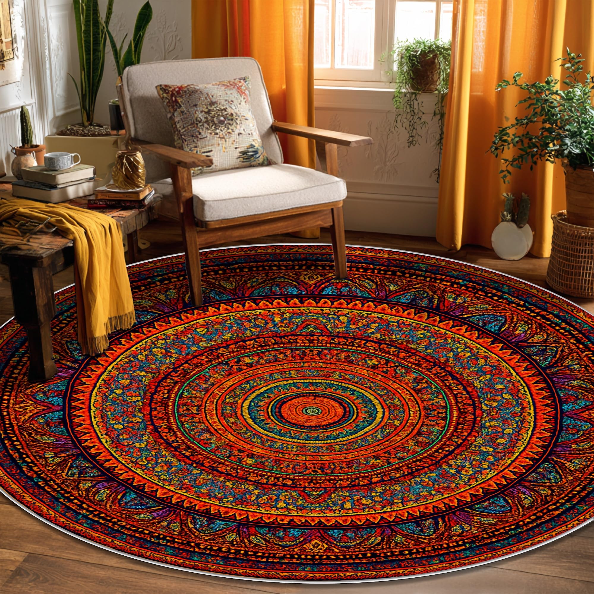 Tapis mandala bohème ethnique, floral, géométrique, été, rouge, dos antidérapant, tapis de sol pour salon, chambre à coucher, nouvelle maison, salle à manger, 1,8 x 1,8 m