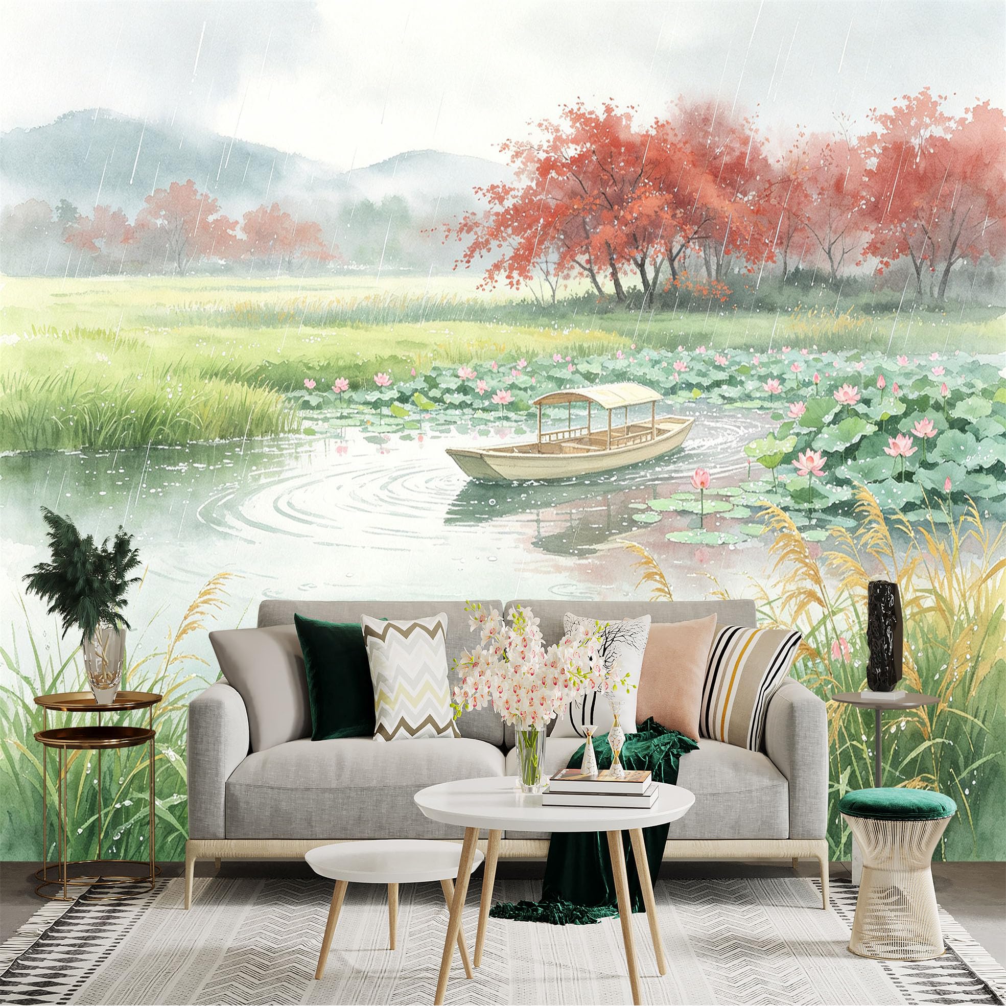 Custom Size Wall Sticker Mural， Rainy Landscape with Lotus Pond， Traditional Boat， Autumn Trees and Misty Mountains， for wall Decoration， peelandstick wall Decals.