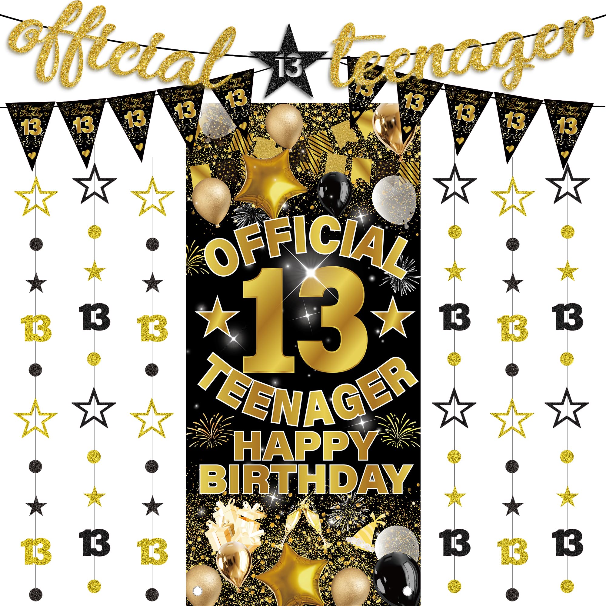 13th Birthday Decorations Party Supplies - 9 Pcs Black Gold Happy Birthday Banners Official Teenager Backdrop Glitter Star Hanging Streamers for Boys and Gilrs Teenager 13 Years Old Party Decoration