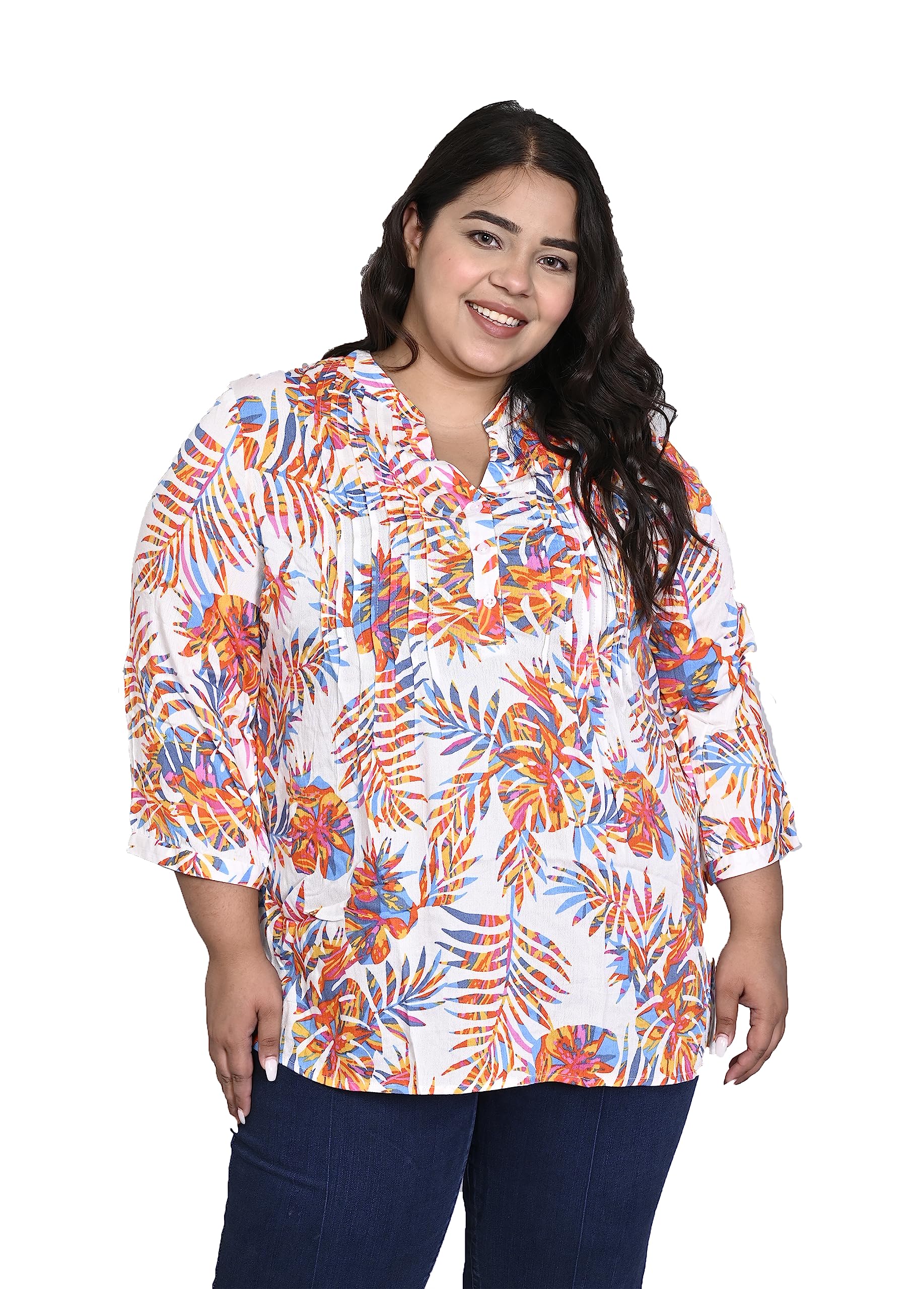 Printed Pintucks Three Quarter Longline Plus Size Women's Tops & Tunics | Oversized Top for Women