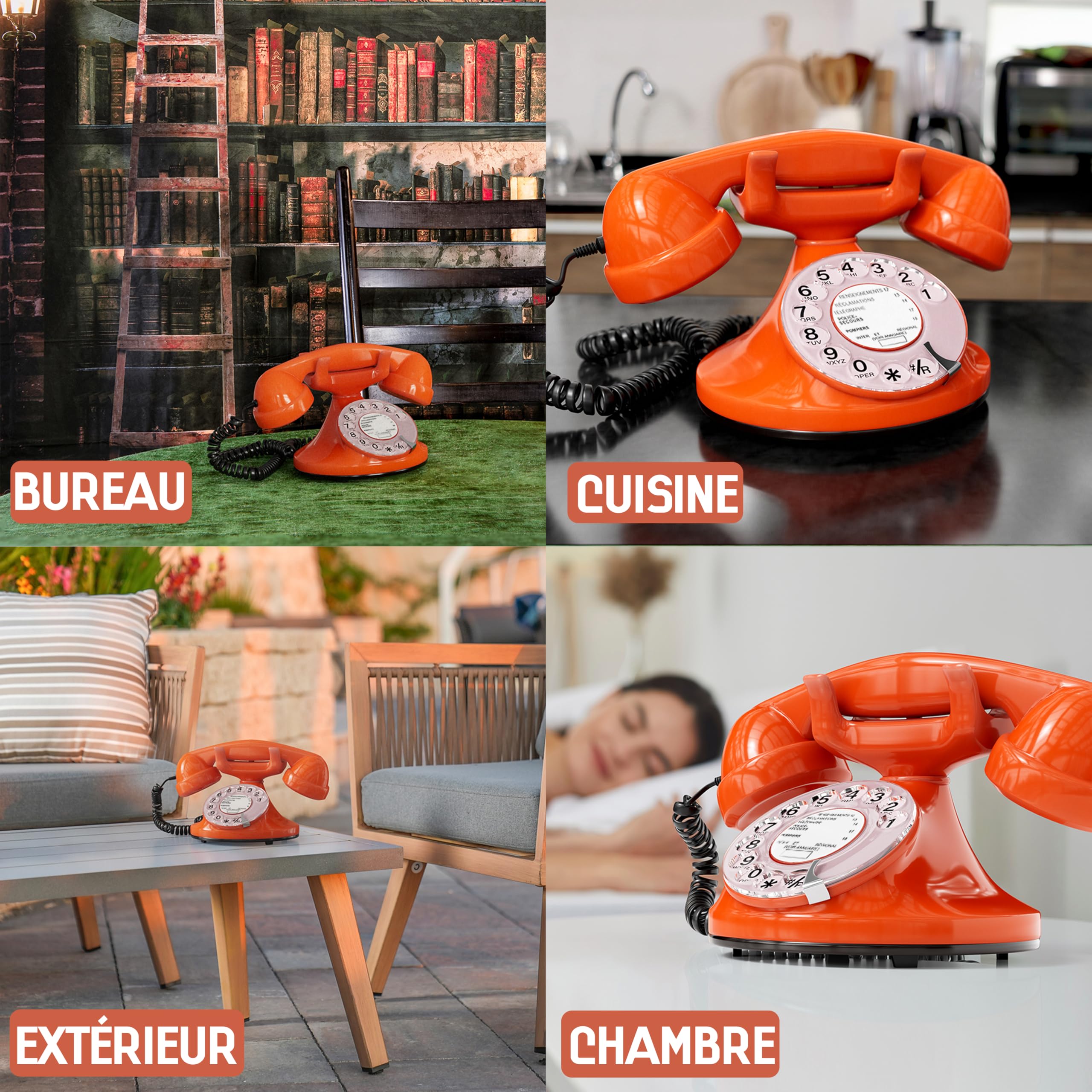 Opis Technology FunkyFon Cable : Téléphone rétro au Style des années 1920 avec Cadran Rotatif Orange