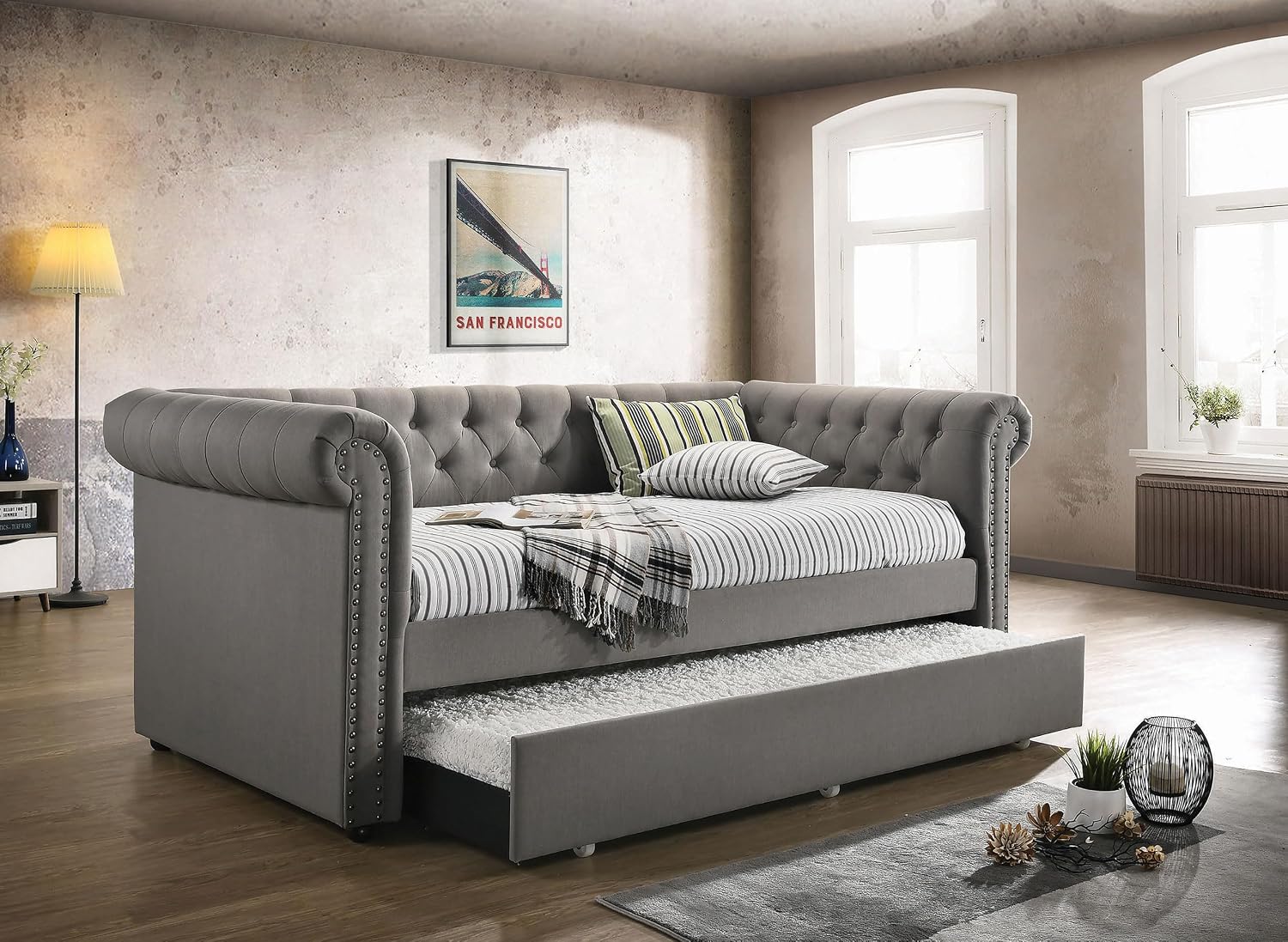 Coaster Home Furnishings Kepner Modern Classic Fabric Upholstered Twin Size Chesterfield Button Tufted Daybed with Trundle Bed for Guestroom 37-inch Headboard Bedroom Lounger Grey 300549