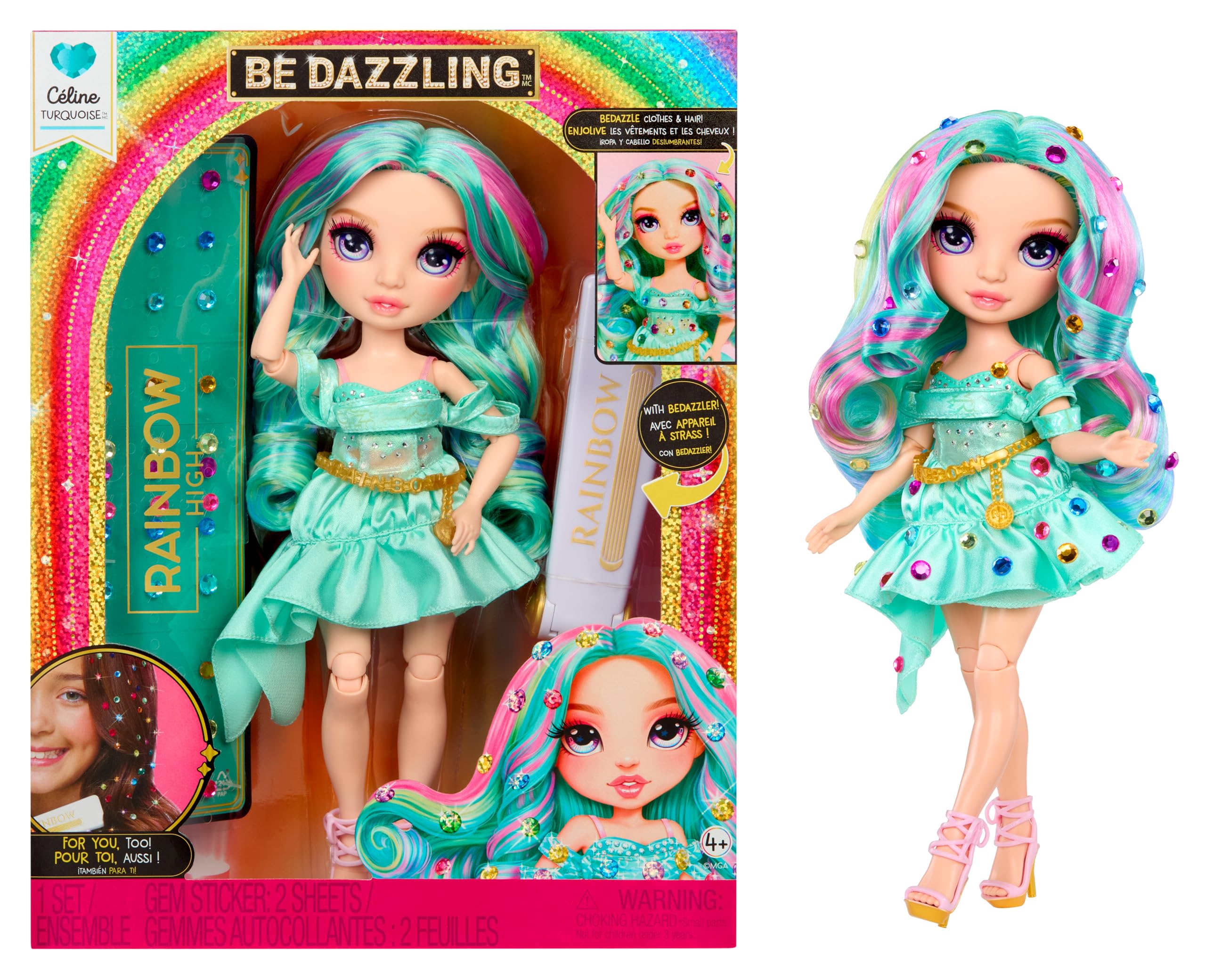 RAINBOW HIGH Be Dazzling - Celine Turquoise - Poupée Mannequin Bleu Sarcelle de 28 cm avec Outil d'Éblouissement, Pierres Précieuses Scintillantes et Accessoires de Stylisme