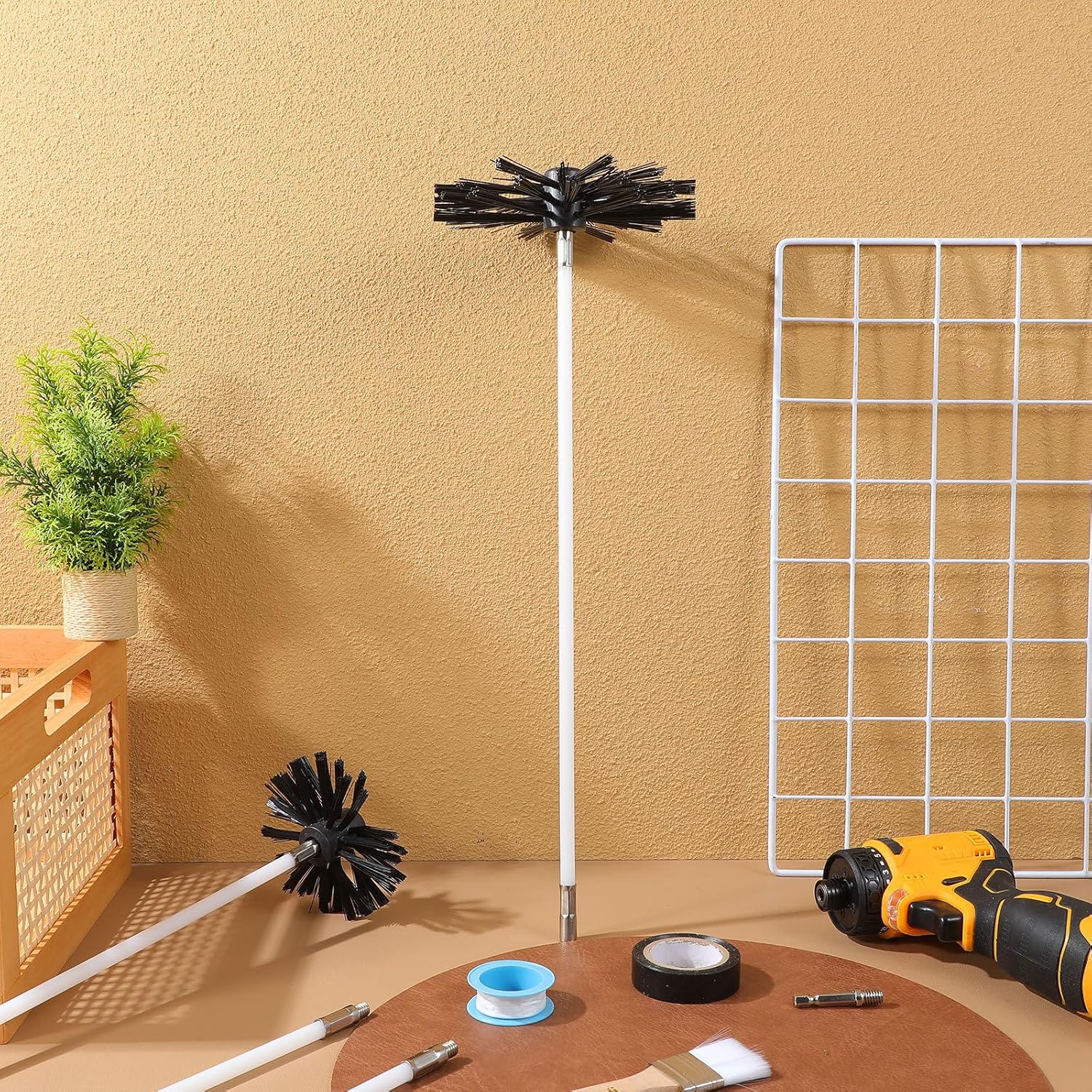 1 Set Chimney Cleaning Tools Set - Dryer Vent Cleaner with 5/16-18 Thread Rods and 4", 6" Brush Heads - Furnace Duct Cleaning for Flue Pipe Dryer Easy Maintenance