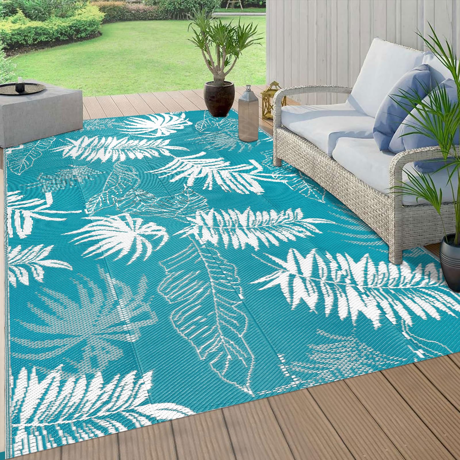 Falflor Alfombra reversible para exteriores, 150 x 245 cm, impermeable, grande, de plástico, ligera, para interiores y exteriores, alfombra de paja de plástico para camping, terraza, caravana, patio