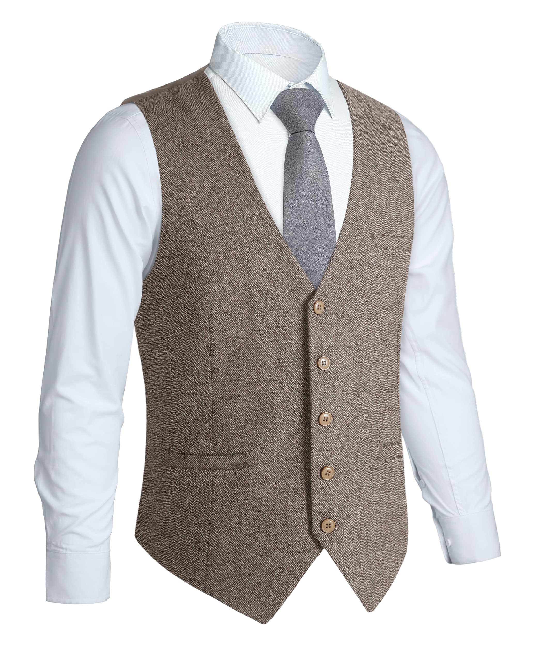 HISDERNMen's Herringbone Tweed Vest British Wedding Premium Wool Blend Suit Vest Business Formal Dress Vests Waistcoat