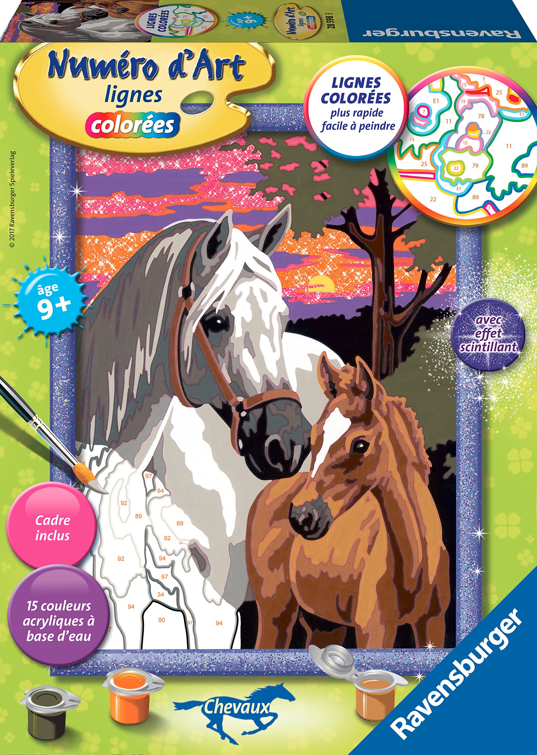 Ravensburger Numero d'Arte Medio Formato - Cavalli al Tramonto - Tempo Libero - Kit di Pittura con Numeri - con Effetto Scintillante - a Partire dai 9 Anni - 28598 - Versione Francese, Multicolore,
