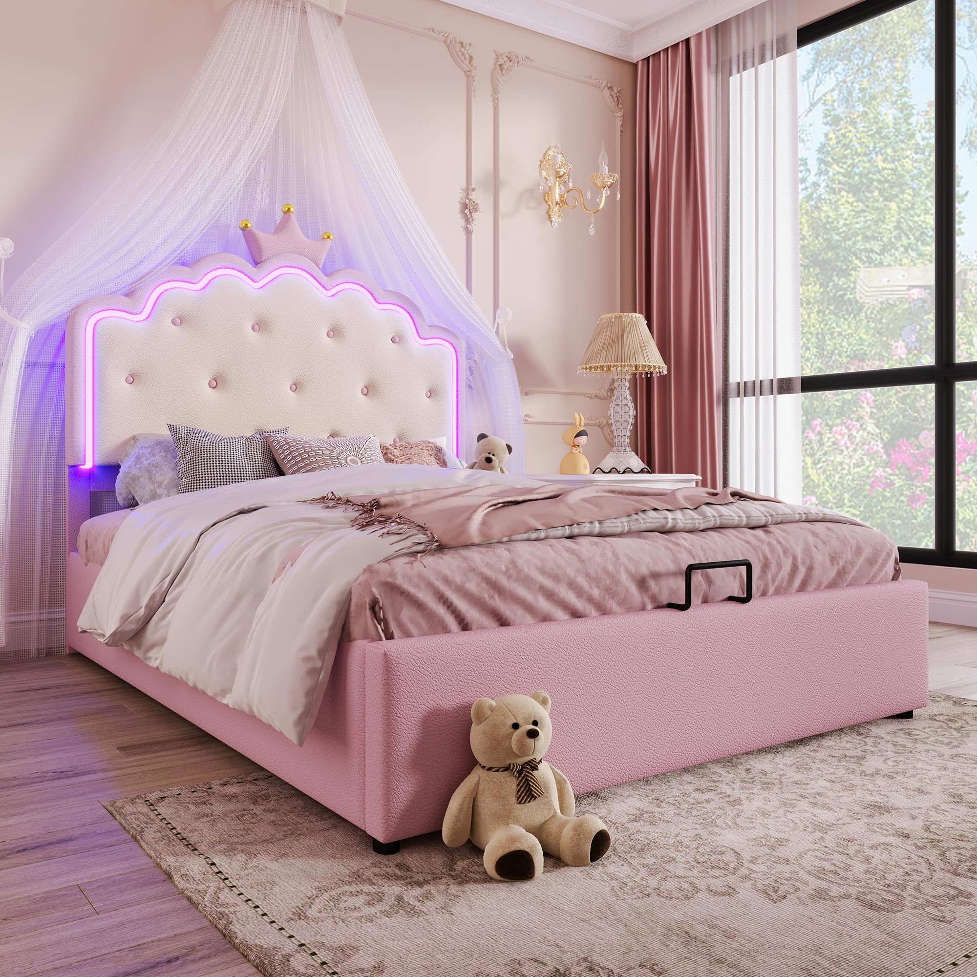 Cama tapizada de con somier de láminas (sin colchón), iluminación Ambiental LED, Forma Princesa, almacenaje hidráulico, Material PU, Color Rosa 140 x 200 cm