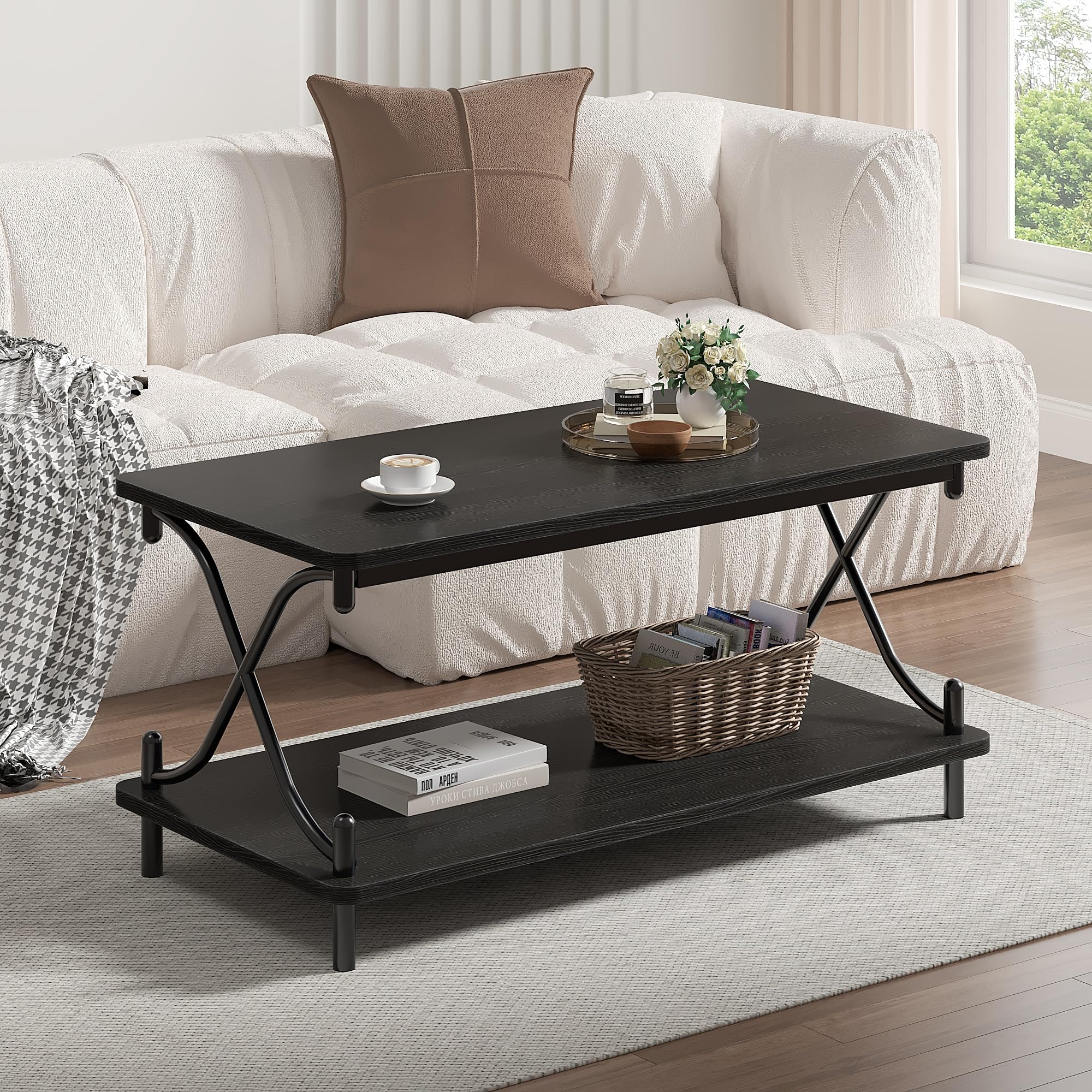 VECELO Coffee Table for Living Room with Round Corners Modern Farmhouse Center Table with Storage Shelf for Home