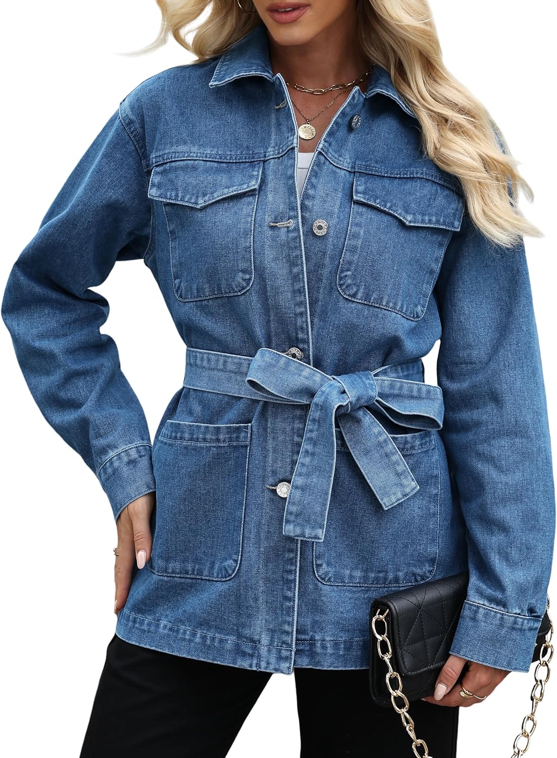 Skirt BL Jean Jacket Women With Belt Mid Long Oversized Denim Jacket for Women With Pocket Long Sleeve Jean Coat Trendy
