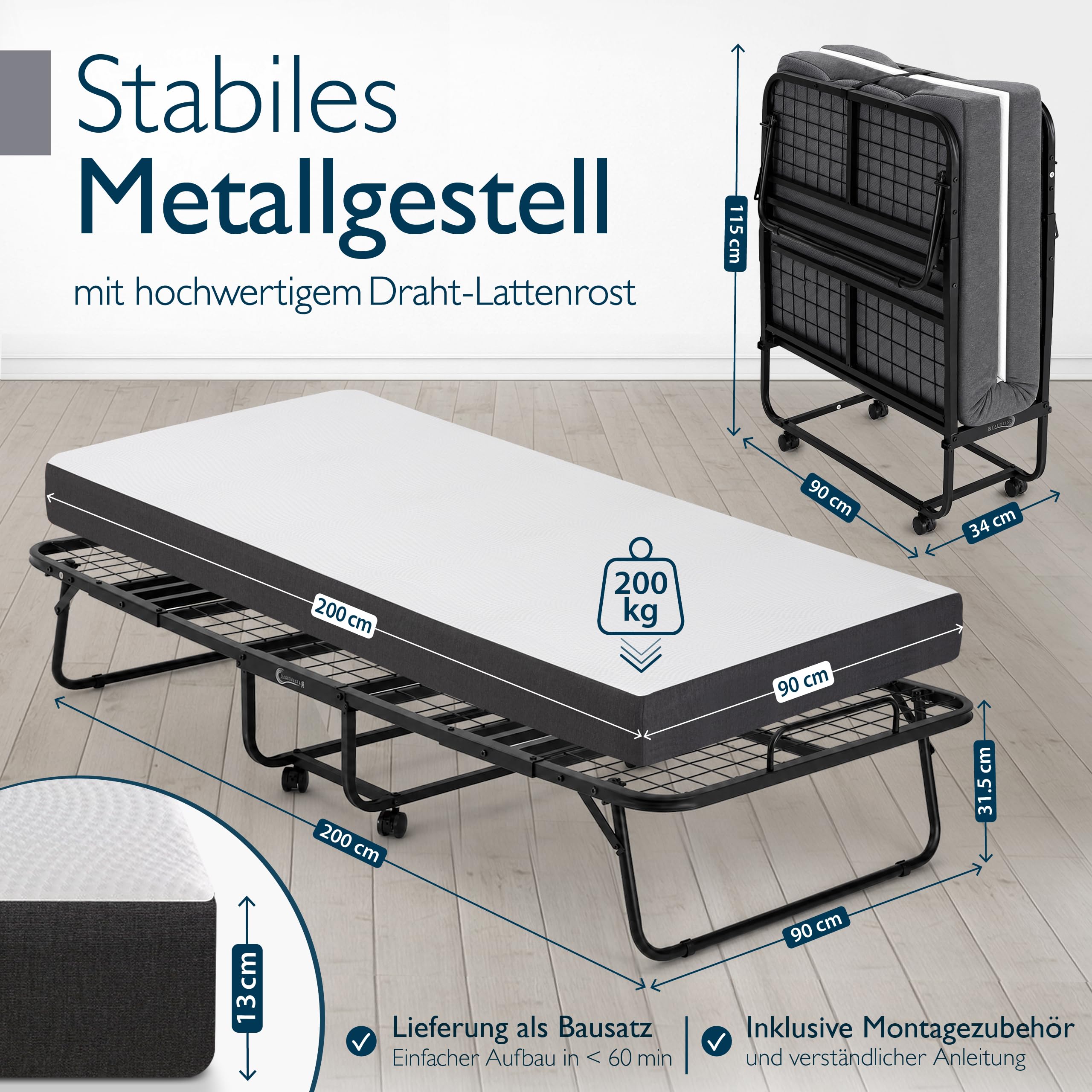 Beautissu Klappbett Gästebett Klappbar für Erwachsene bis 200 kg Rollbett | 90x200cm 13cm Dicke Matratze Memory Schaum Faltbett 4 feststellbaren Rollen Platzsparend mit Schutzhülle Notbett Traumkraft D