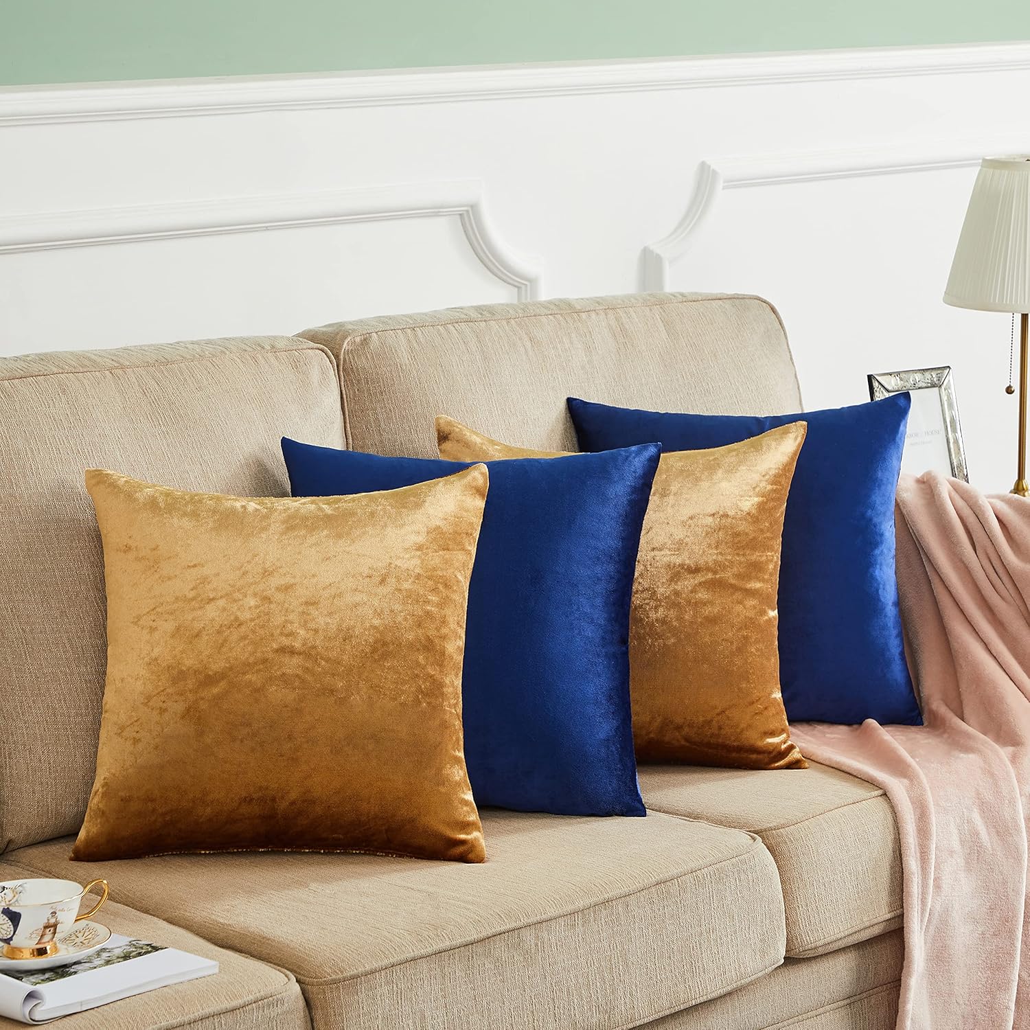 GIGIZAZA Decorative Throw Pillow Covers 18 x 18,Gold Blue