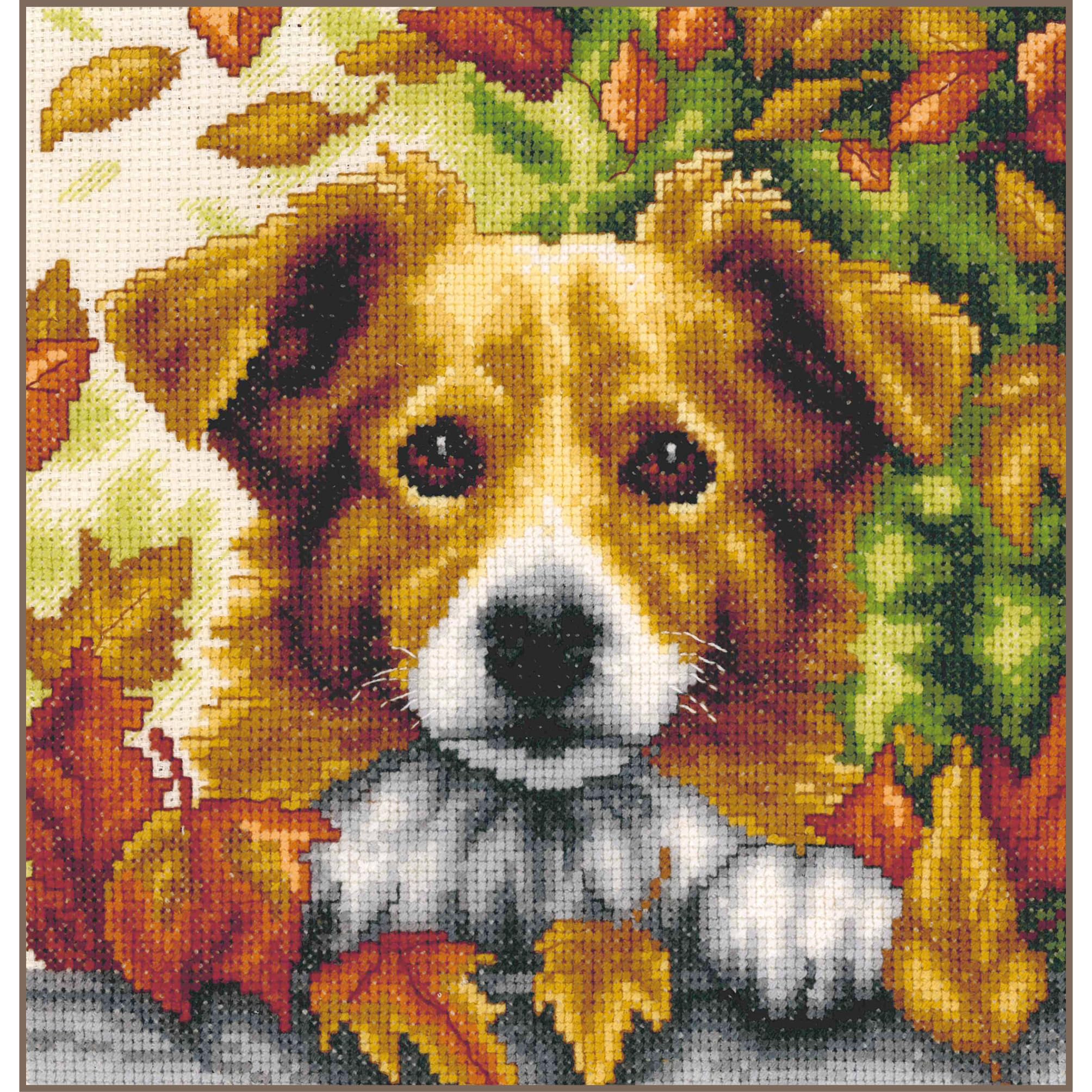 VERVACO Haft Krzyżykowy Liczony Zestaw Obraz do Haftu PIES W JESIENI Zrób to Sam Zestaw Kreatywny dla Dorosłych ca. 20 x 20 cm Dekoracja Ścienna DIY Cross Stitch Kit