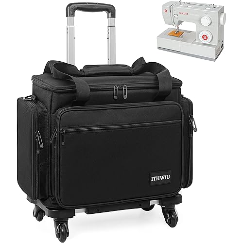 Sewing Machine Case with Wheels, Rolling Trolley Tote with Multiple Storage Pockets for Accessories, Black