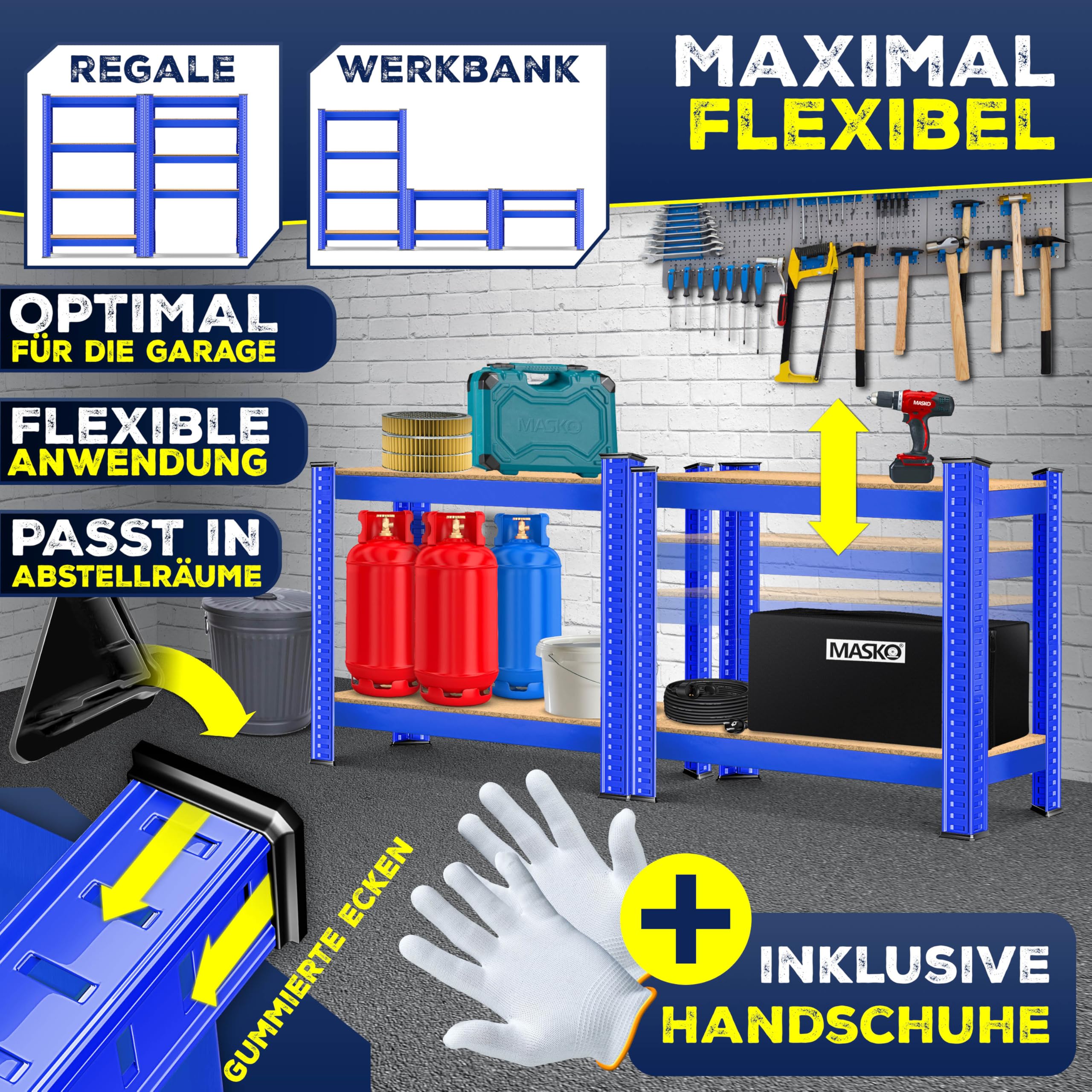 MASKO® Set de 2 estanterías de almacenamiento para cargas pesadas, 160 x 80 x 40 cm, hasta 700 kg, 4 estantes ajustables, tablero de fibra de densidad media y metal, para taller, sótano, garaje, azul