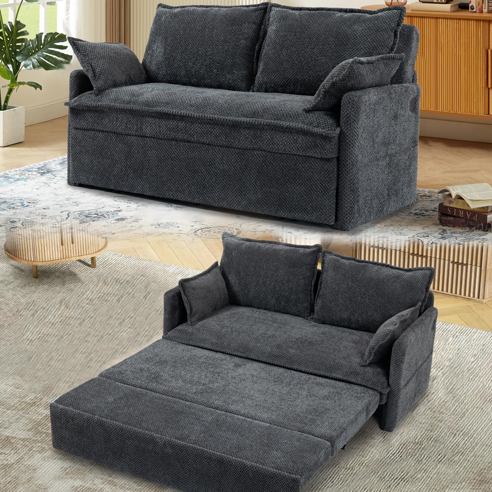 cinkehome 59.5" Queen Pull Out Sleeper Sofa Couch, Pullout Loveseat Bed W/USB, Modern 2-in-1 Corduroy Convertible Sofa Bed for Living Room