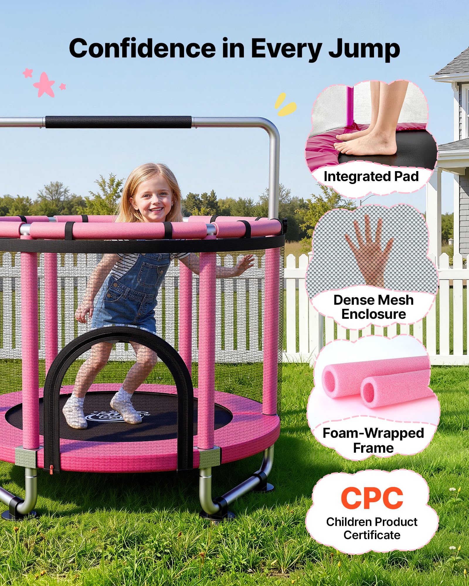 VEVOR Trampolino Elastico per Bambini 142 cm Carico 60 kg Rete Protezione, Giocattolo per Divertimento Esercizio Bambini da Interno Esterno Barra Regolabile, Trampolino Uso Domestico, Colore Rosa