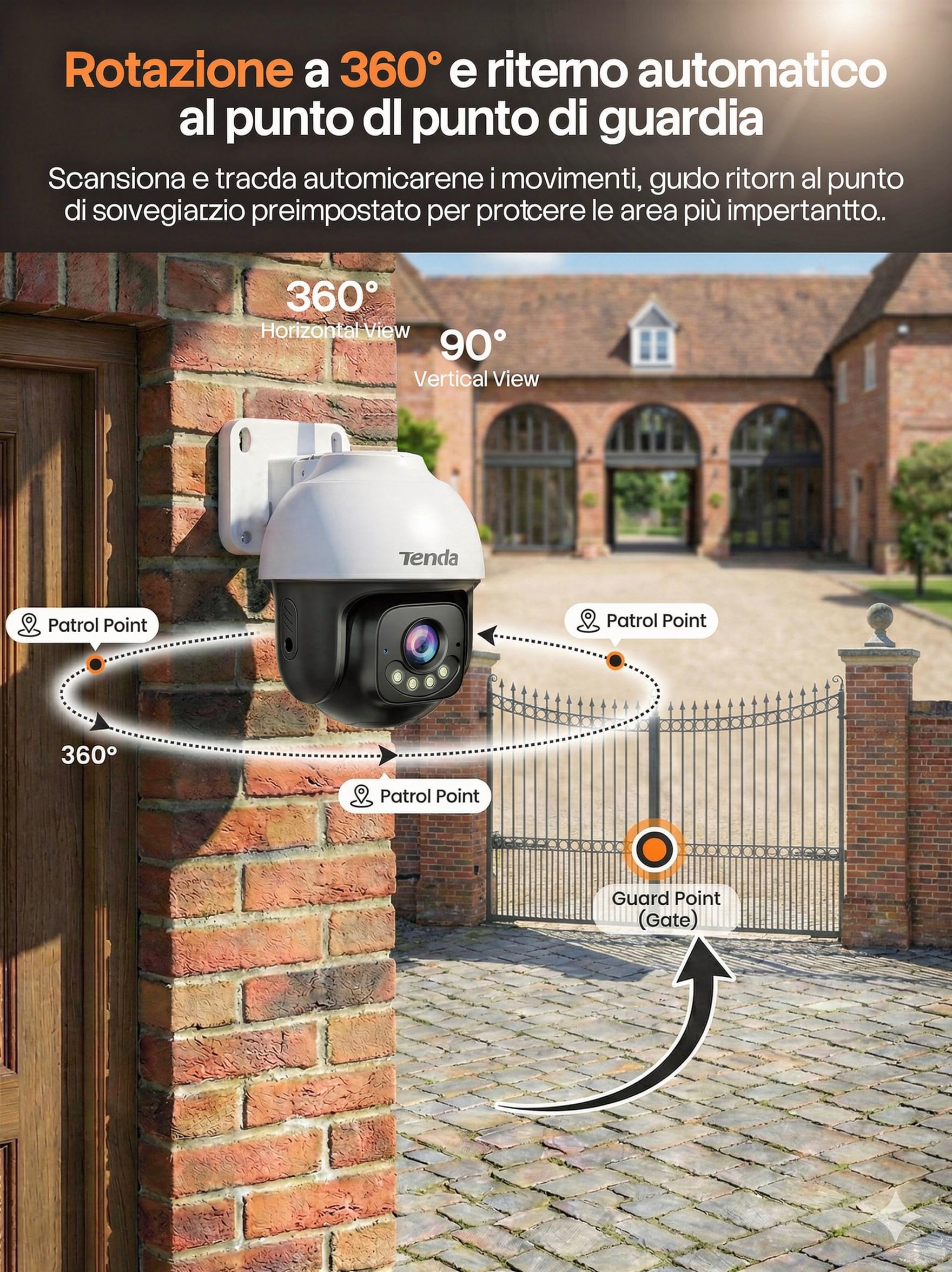 Tenda 5MP 3K Telecamera Wi-Fi Esterno, Wi-Fi 6 Videocamera Sorveglianza Esterna con Visione Notturna a Colori, 360° PTZ Auto Tracking, Rilevamento Umano/Veicoli AI, Solo 2.4GHz WiFi, Compatibile Alexa
