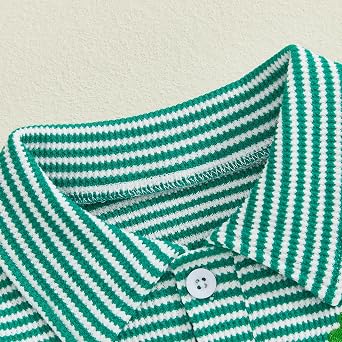 Toddler Baby Boy Valentines Day Outfit Heart Letter Embroidery Waffle Striped Long Sleeve Polo Shirt Button-up Pullover Top