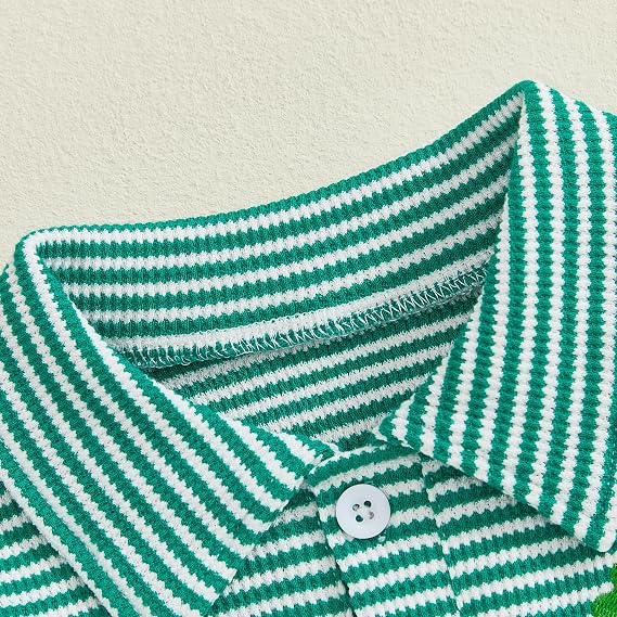 Toddler Baby Boy Valentines Day Outfit Heart Letter Embroidery Waffle Striped Long Sleeve Polo Shirt Button-up Pullover Top