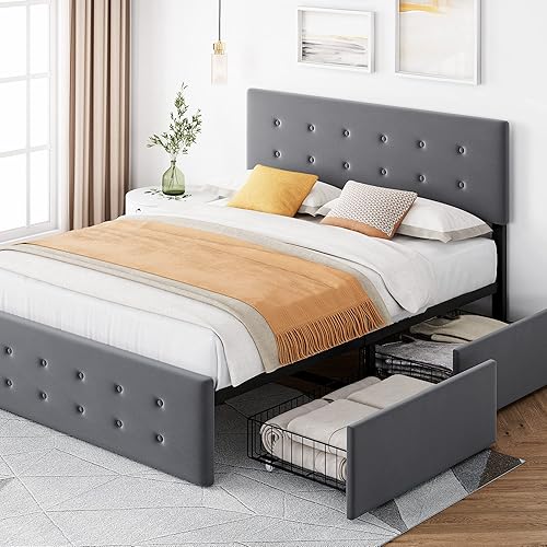 coucheta Marco de cama tamaño Queen con 4 cajones de almacenamiento, marco de cama tapizado gris con cabecera y listones de madera, no necesita